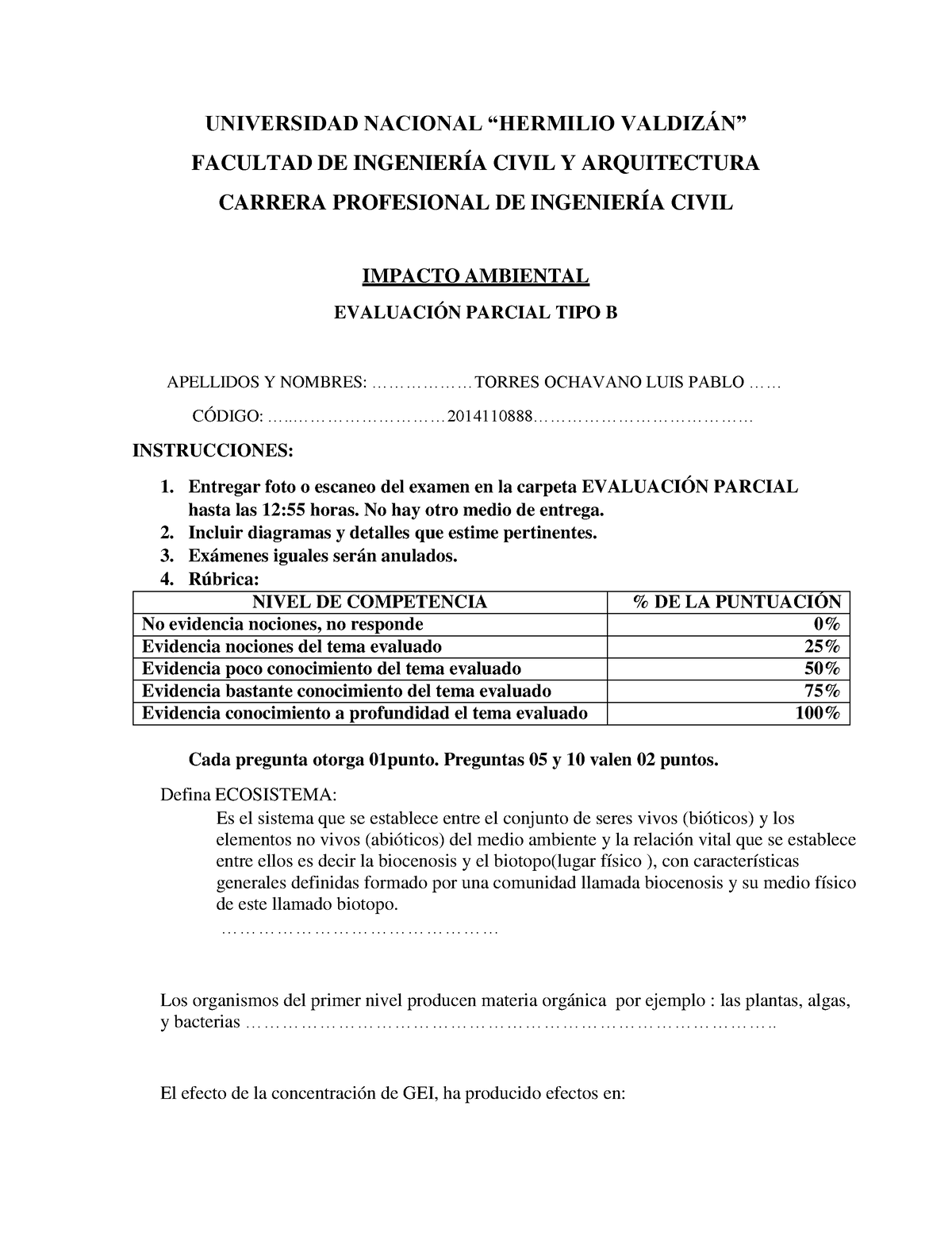 Impacto Ambiental Examen Parcial 2022-I - UNIVERSIDAD NACIONAL