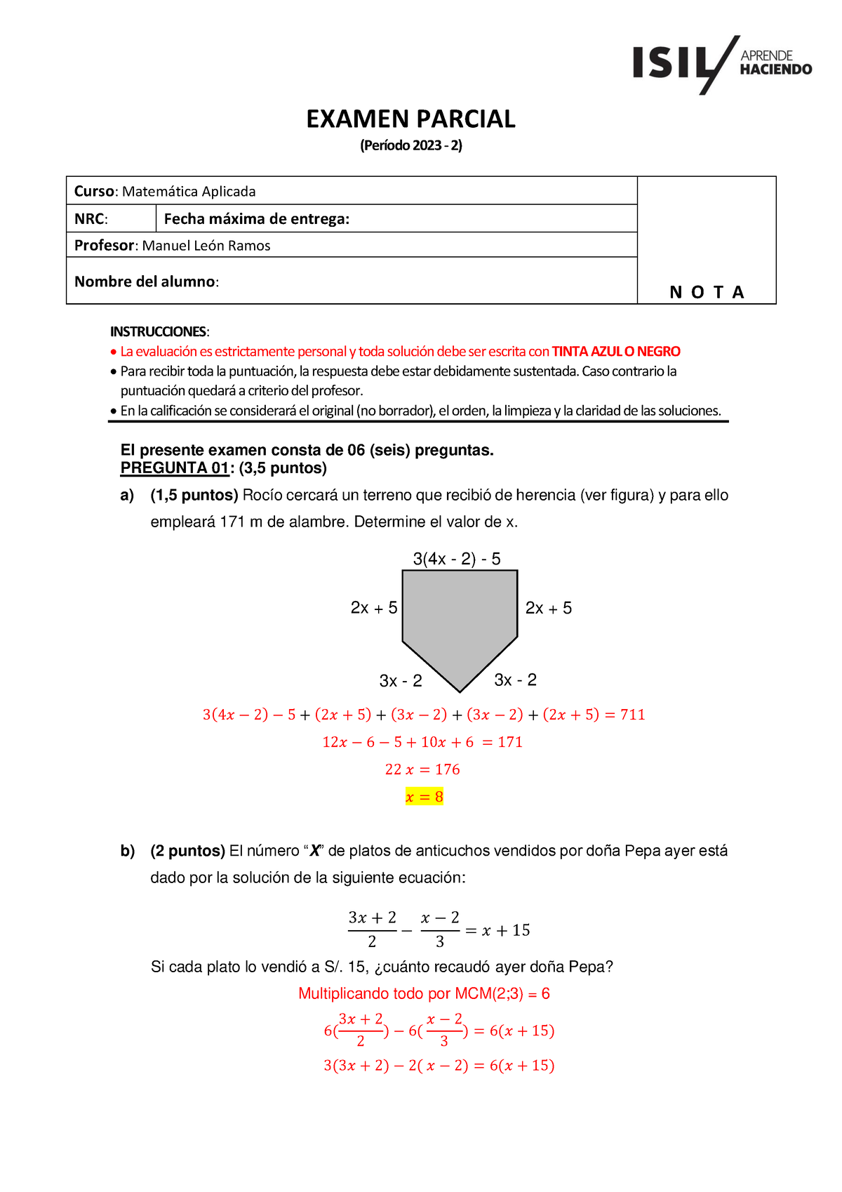 Solucionario Examen Parcial MA - EXAMEN PARCIAL (Período 202 3 - 2 ...