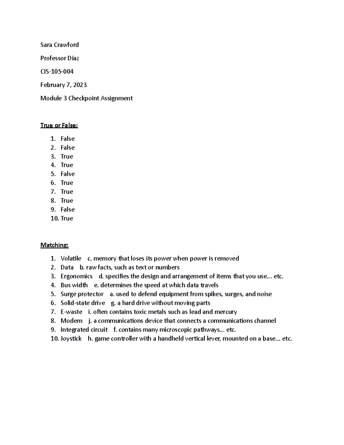DC Module 3 Checkpoint - Sara Crawford Professor Diaz CIS-105- February ...