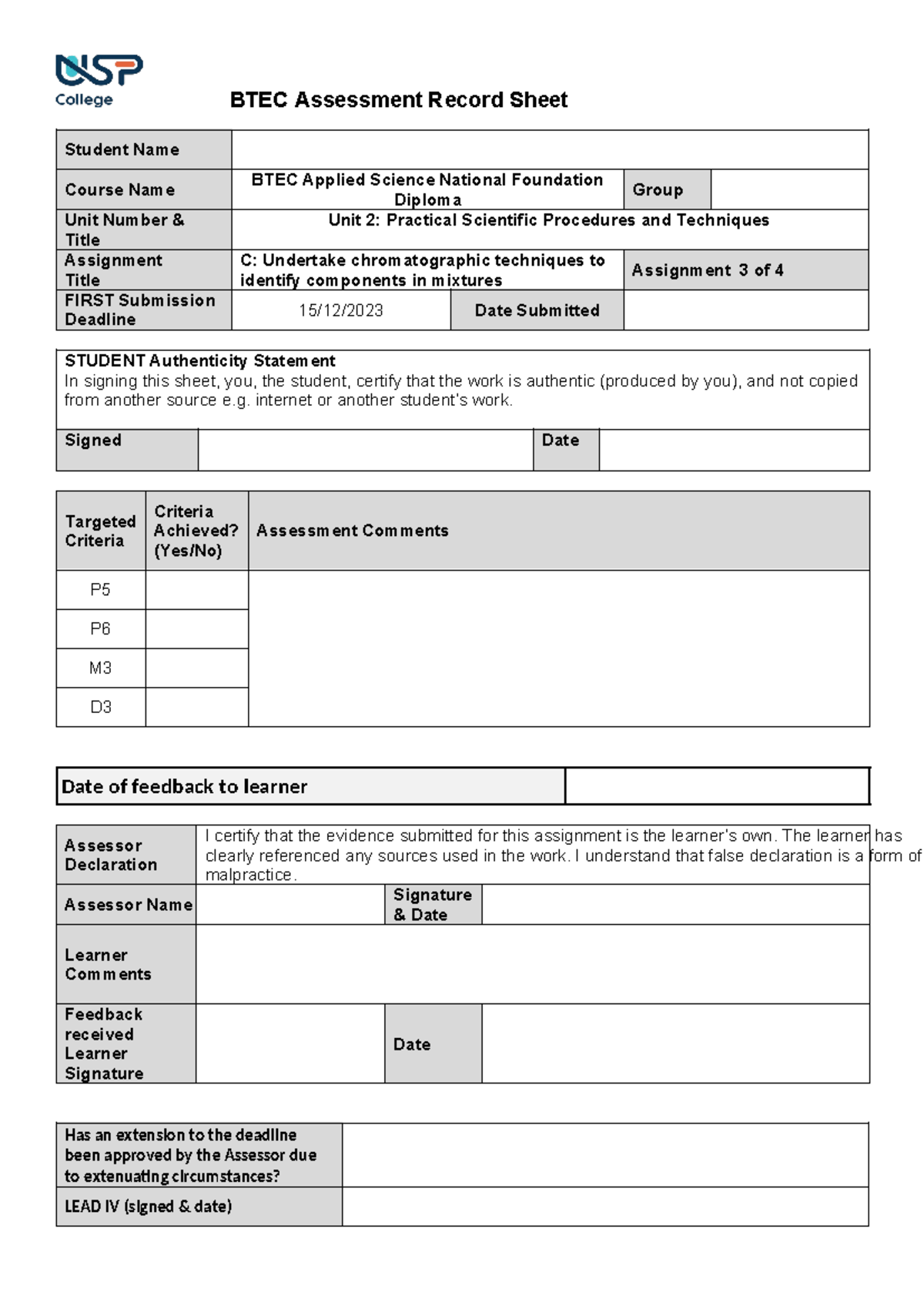 U2 LAC Front Sheet Seevic - BTEC Assessment Record Sheet Student Name ...