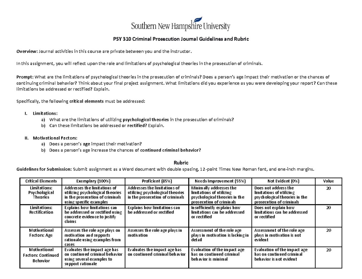 PSY 310 Criminal Prosecution Journal Guidelines and Rubric - In this ...