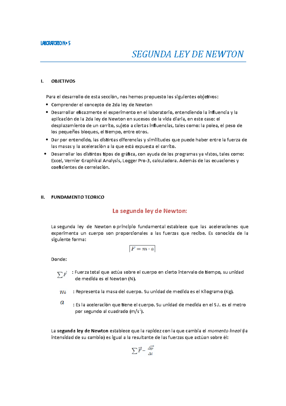 Laboratorio 5 Segunda Ley De Newton Laboratorio N º 5 Segunda Ley De