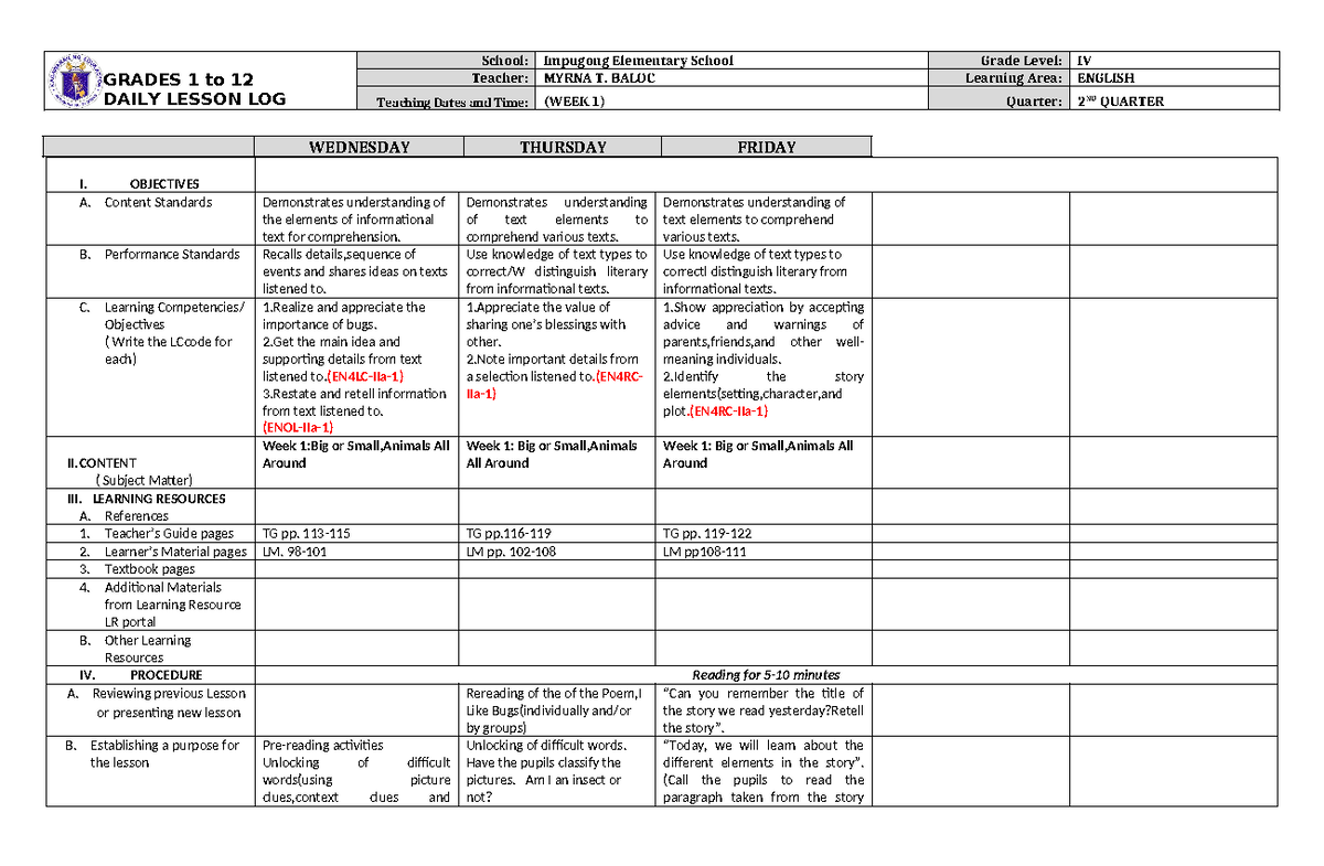 dll-english-4-q2-w1-comprehensive-daily-lesson-log-grade-4-english