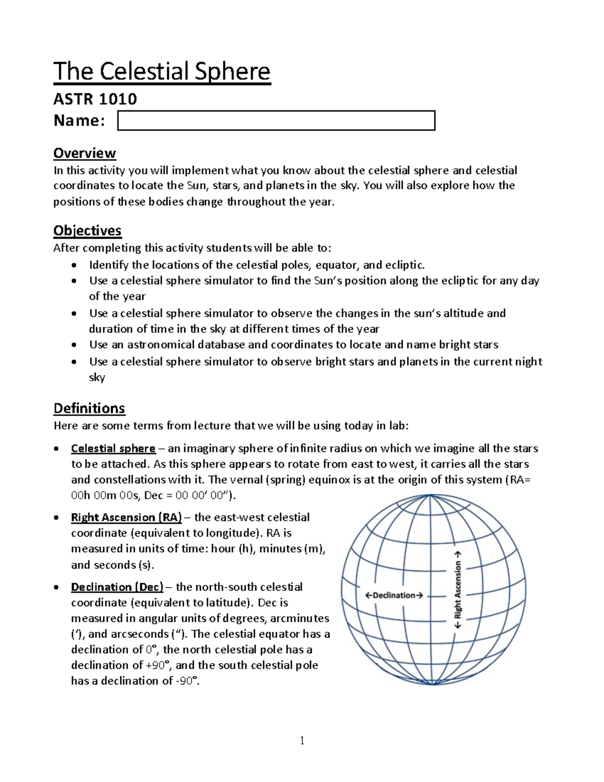 Cel Sph Lab - Cel Sph Lab - The Celestial Sphere ASTR 1010 Name ...