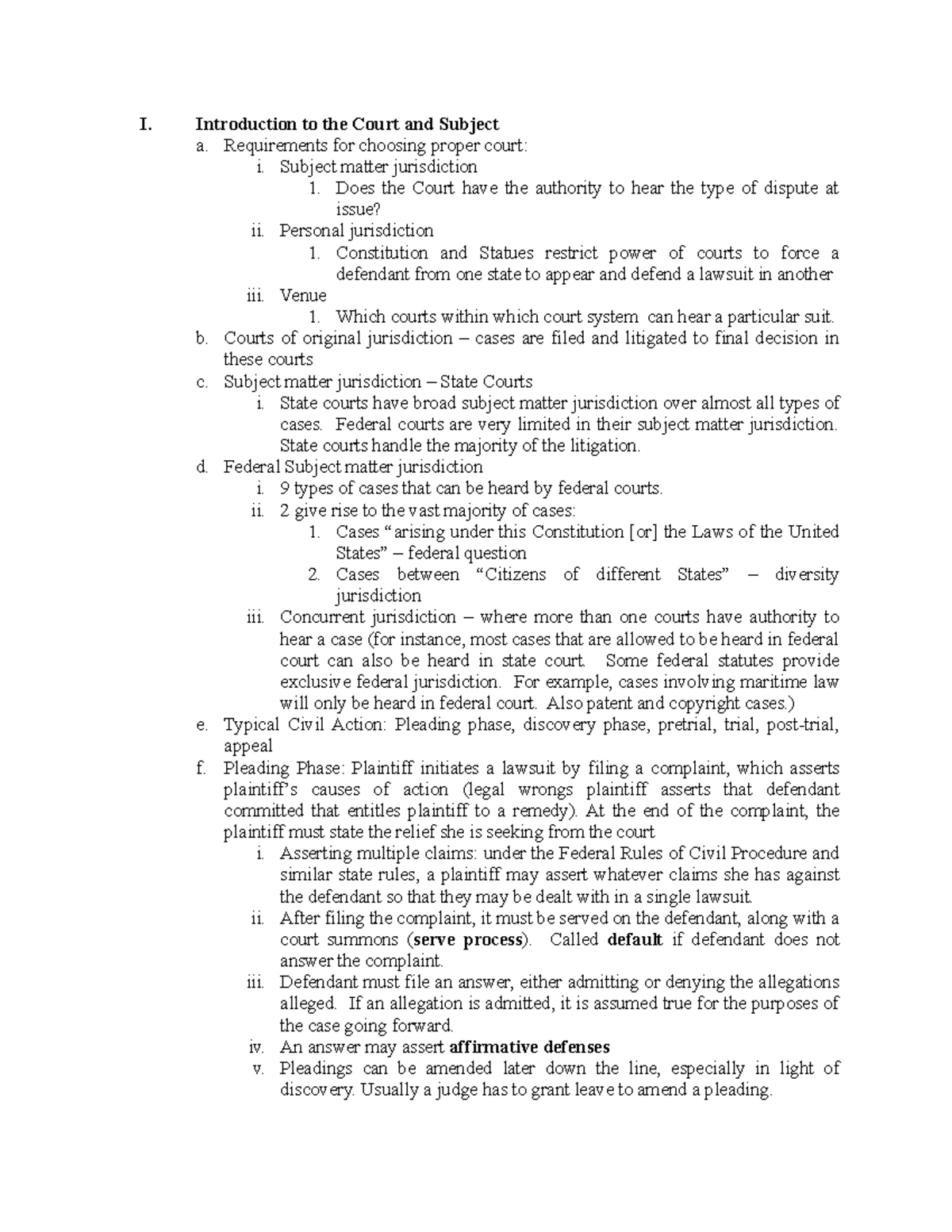 Civ Pro Outline - Christopher Peters - I. Introduction to the Court and ...
