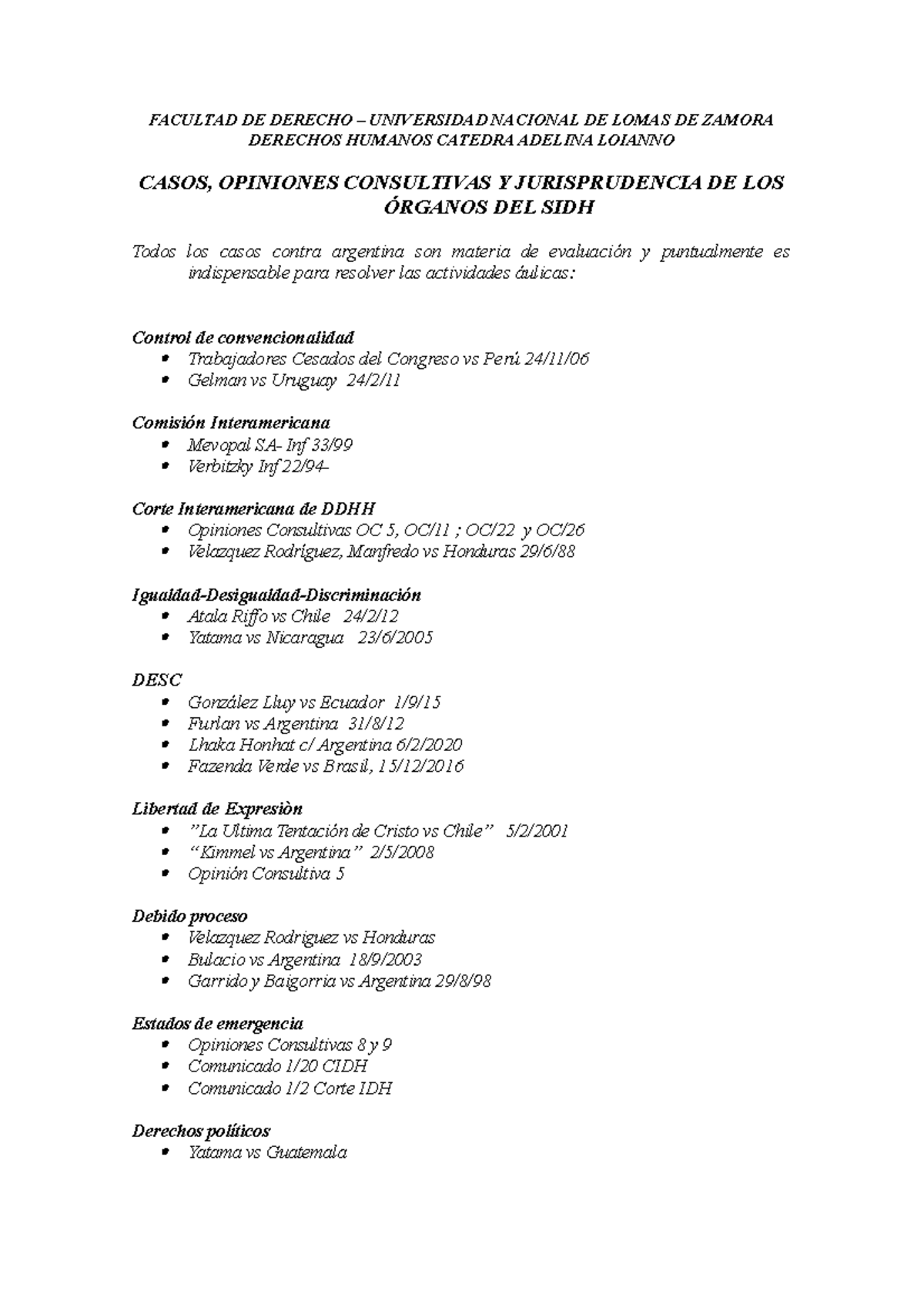 Derechos humanos, jurisprudencia sobre el tema - FACULTAD DE DERECHO