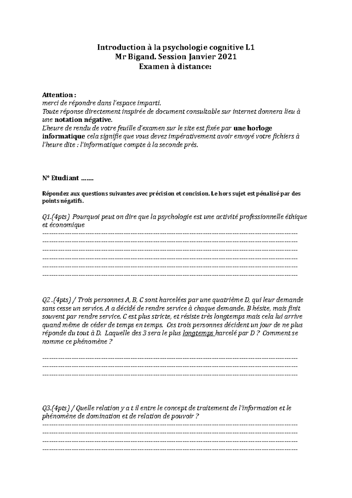 Examen.L1.Bigand. Janvier 2021 - Introduction à La Psychologie ...