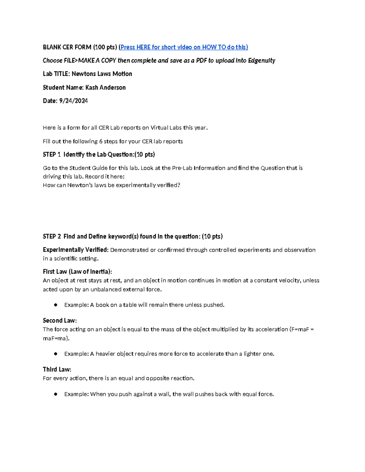 Copy of Blank CER form for all Virtual Science Labs document form ...