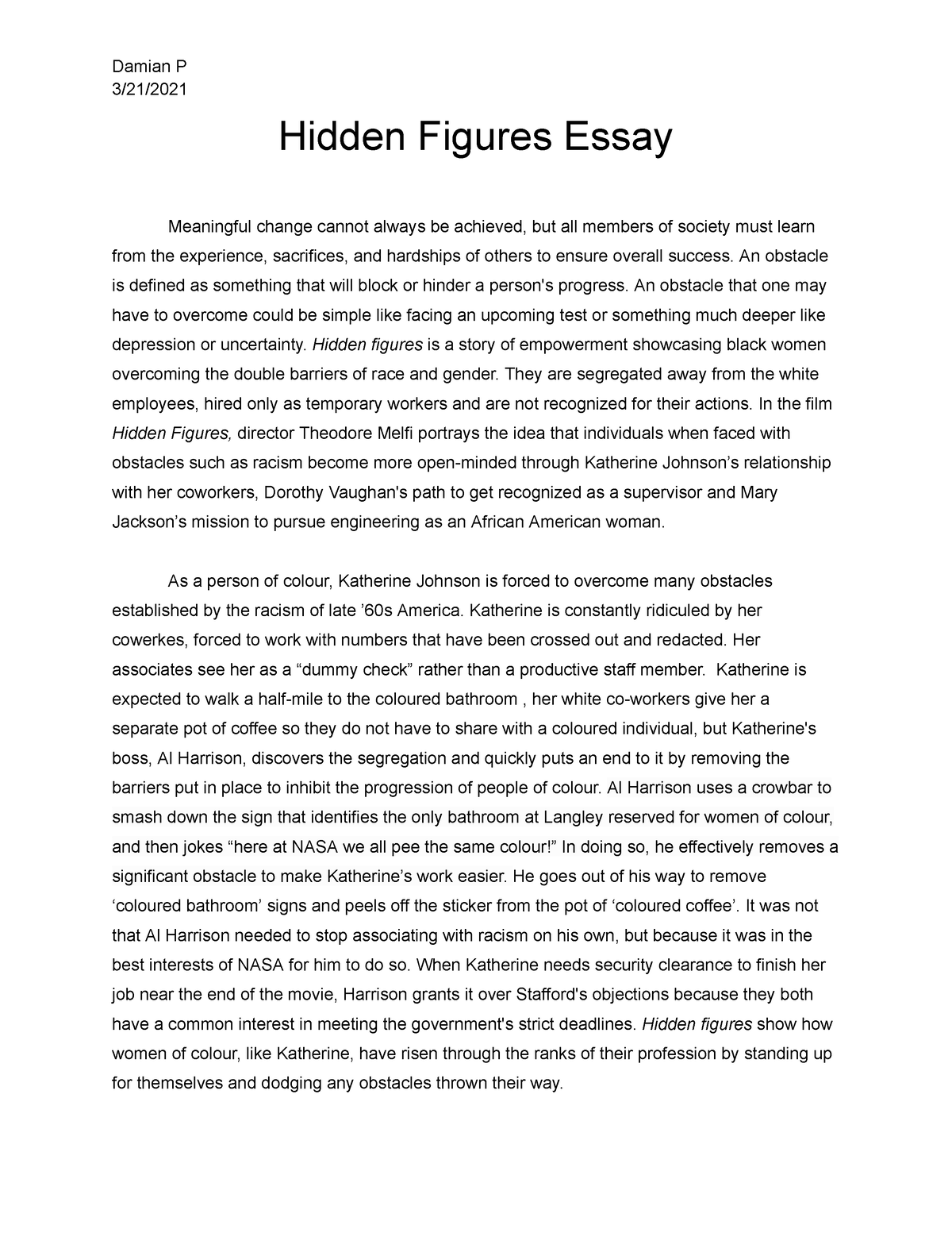 hidden figures book summary essay