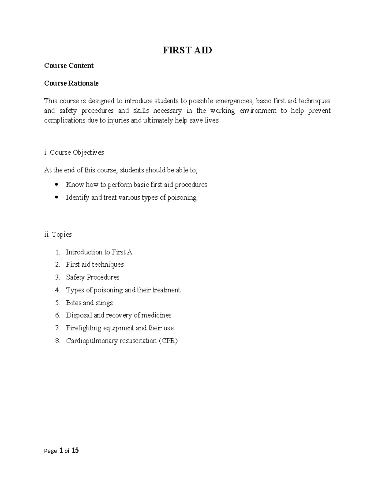 First AID Course (DT @ TTU) Revised - FIRST AID Course Content Course ...