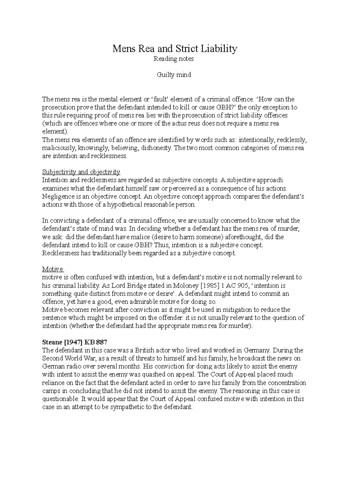 Mens Rea and Strict Liability - Mens Rea and Strict Liability Reading ...