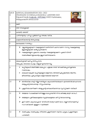 Kerala Class 9 Annual Exam 2022 Answer Key - Malayalam (Adisthana ...