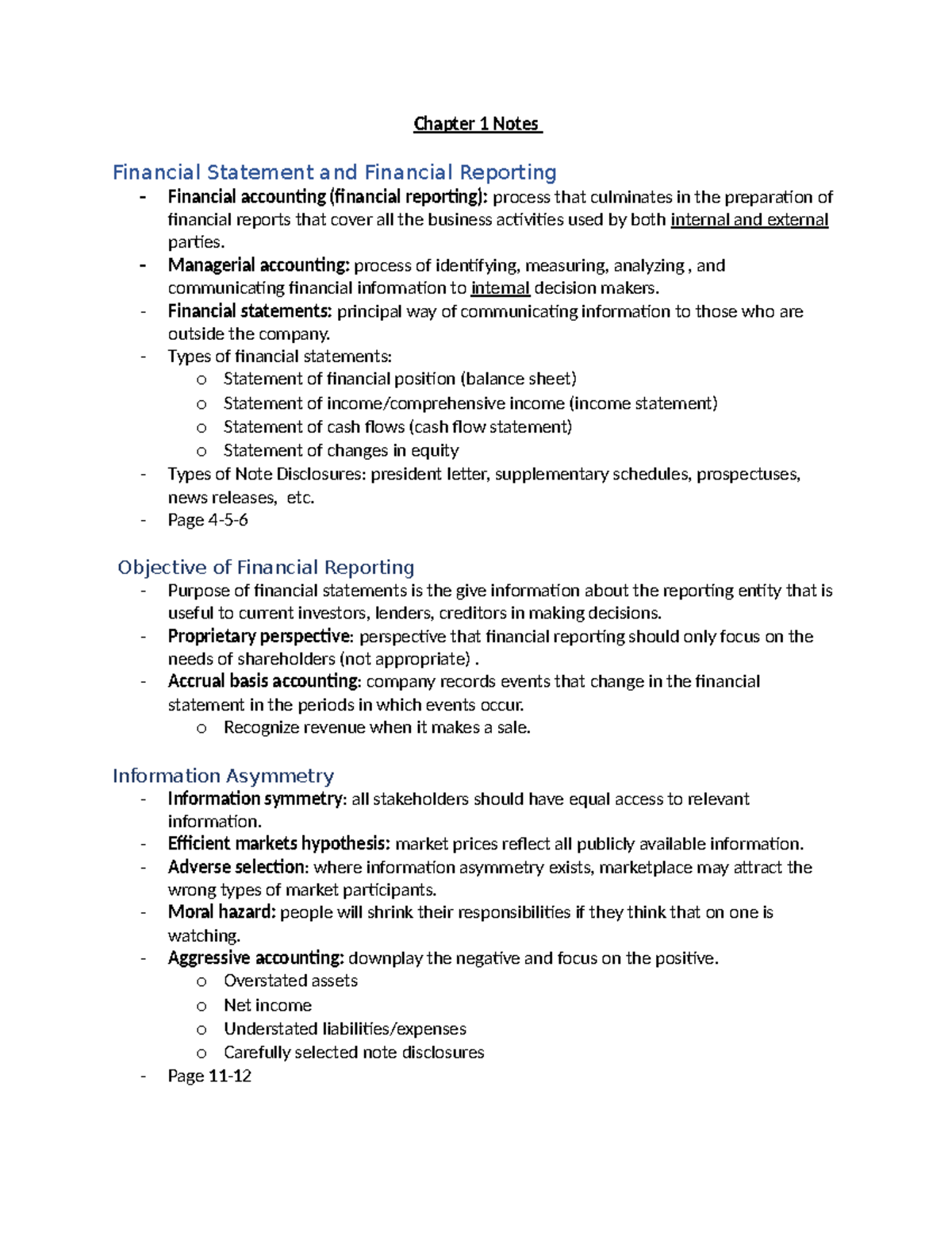 BUS 343 Chapter 1 notes - Chapter 1 Notes Financial Statement and ...