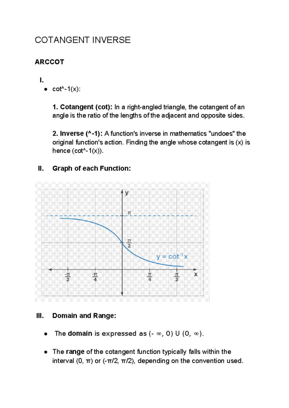 Inverse- Arccot - COTANGENT INVERSE ARCCOT I. cot^-1(x): 1. Cotangent ...