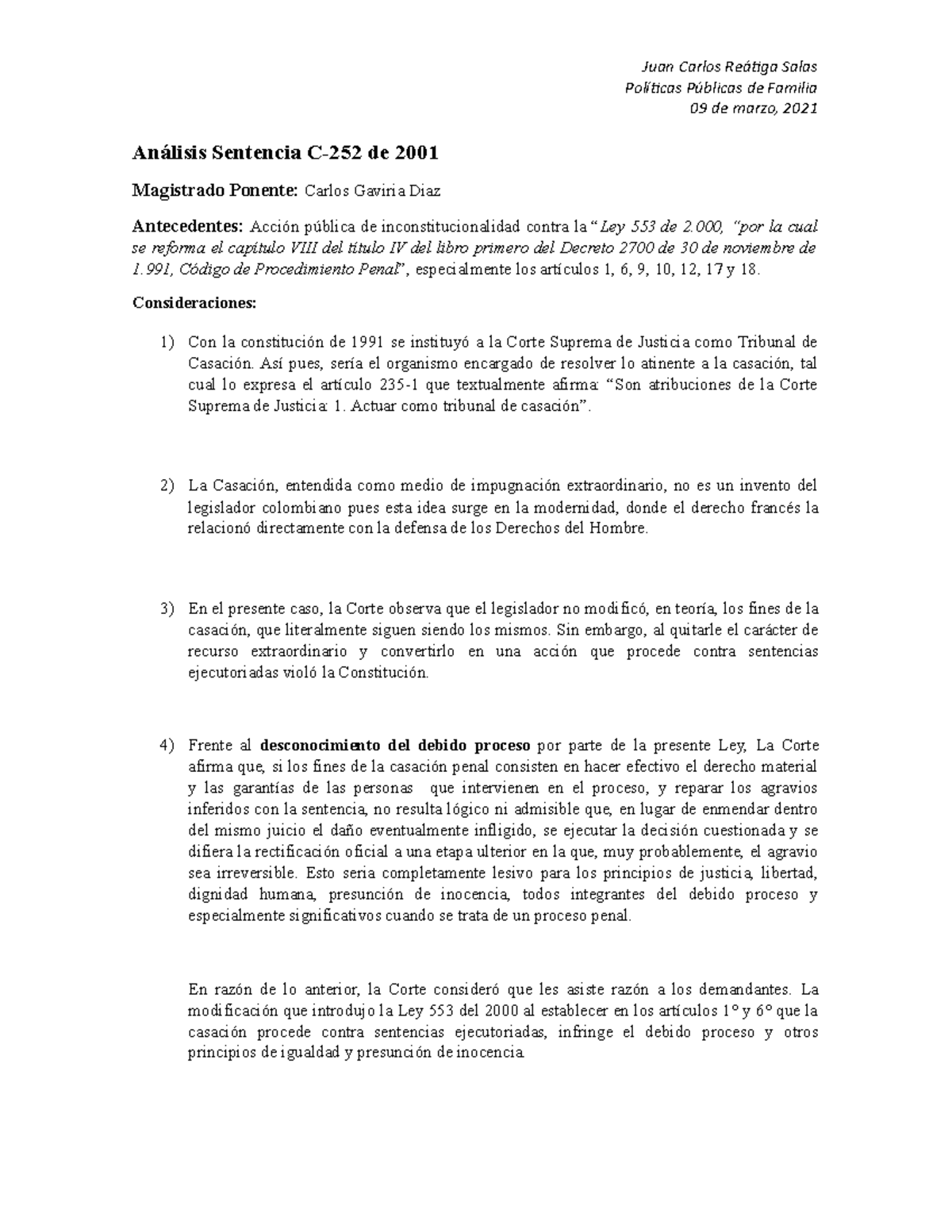 Sentencia C 252 de 2001 - ANALISIS JURISPRUDENCIAL - Juan Carlos