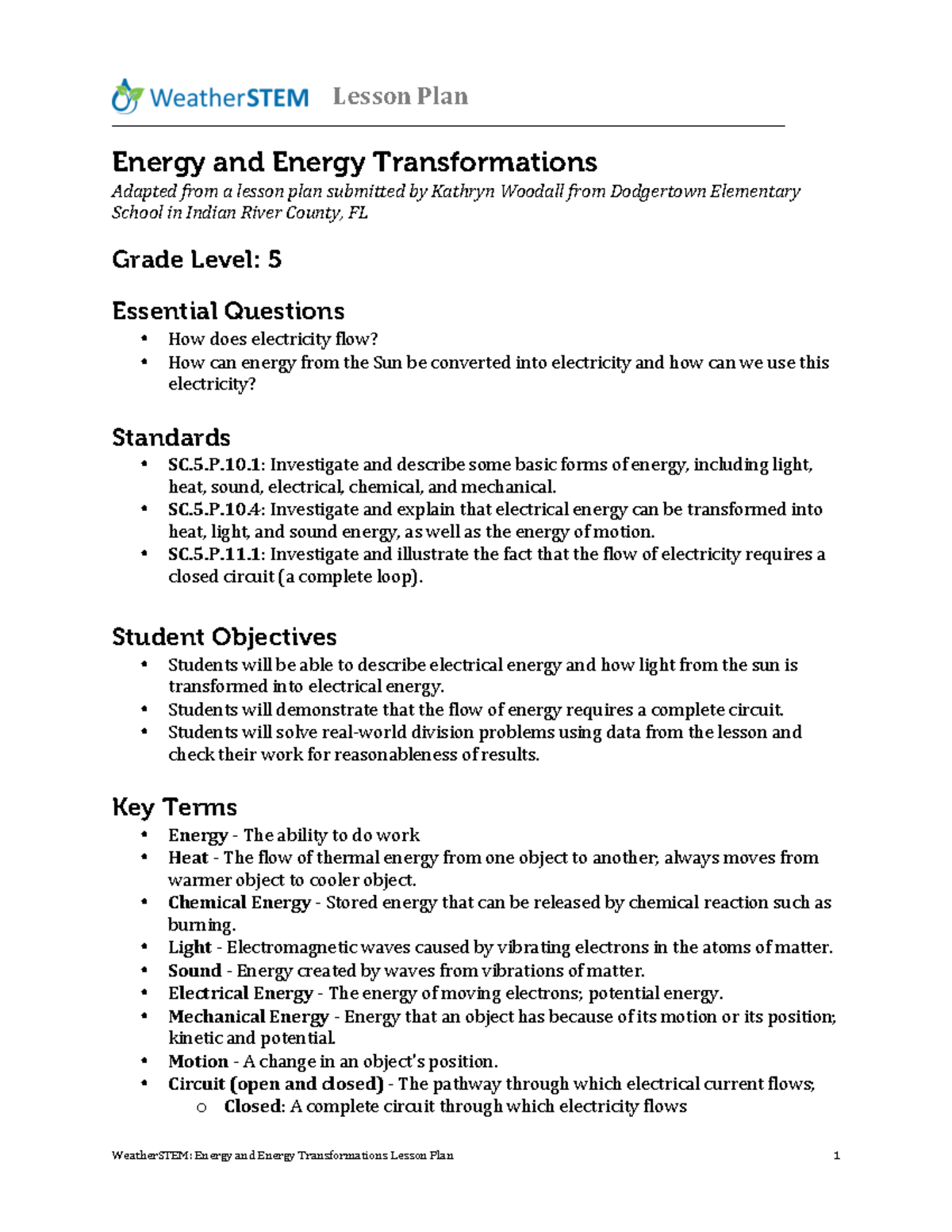 Energy and transformations lesson plan Energy and Energy