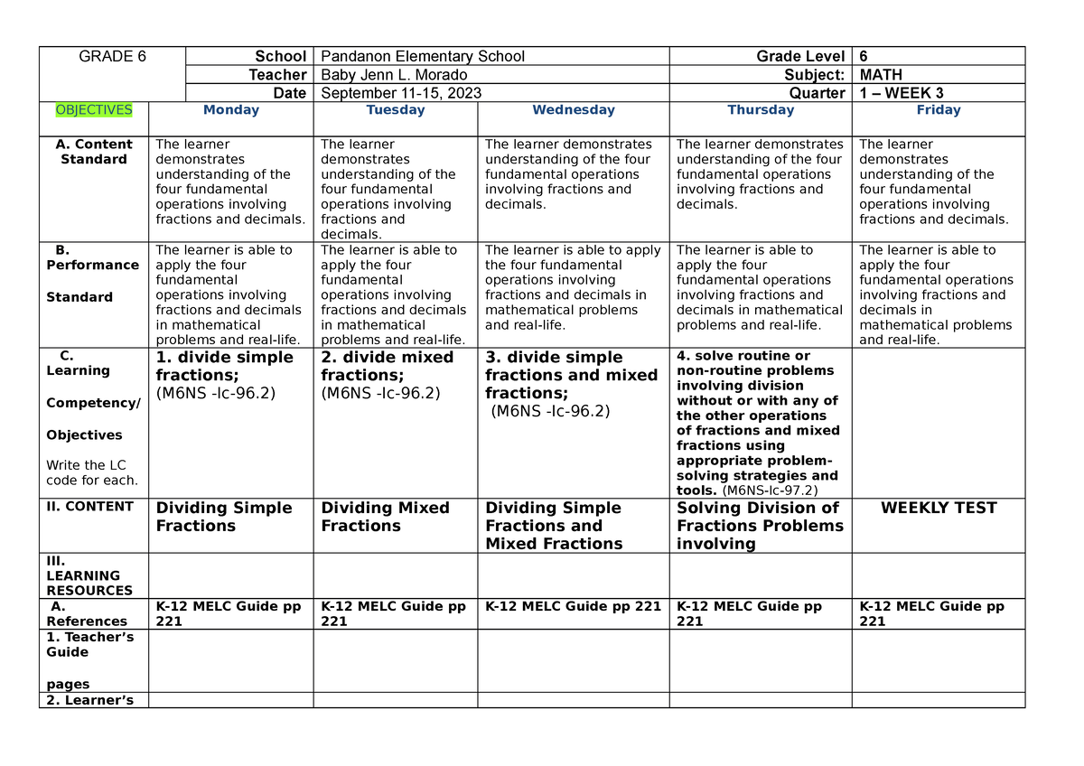 WEEK3-dll-MATH - Daily Lesson Log - GRADE 6 School Pandanon Elementary ...