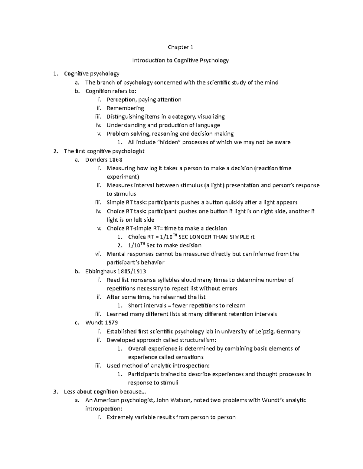 Chapter 1 - Lecture Notes From Class, Cognitive Psychology - Chapter 1 ...