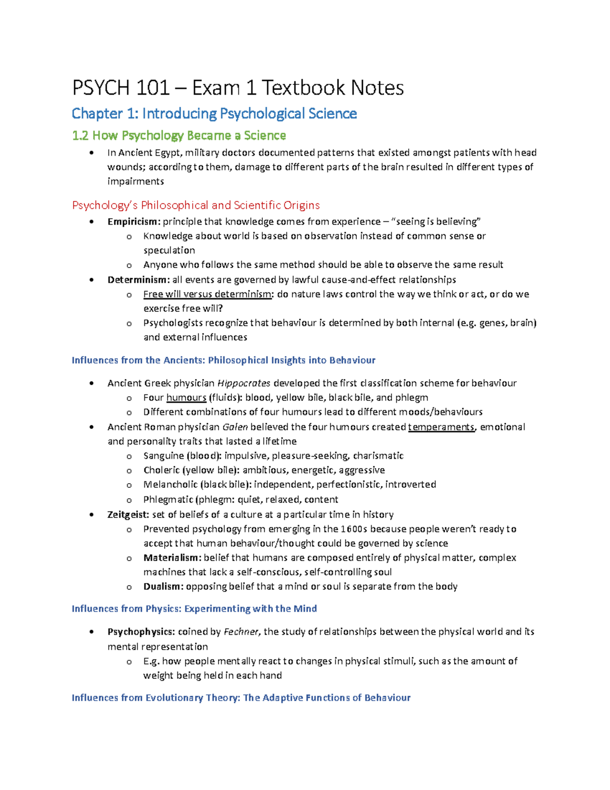 Psych 101 Lecture Notes - PSYCH 101 – Exam 1 Textbook Notes Chapter 1 ...