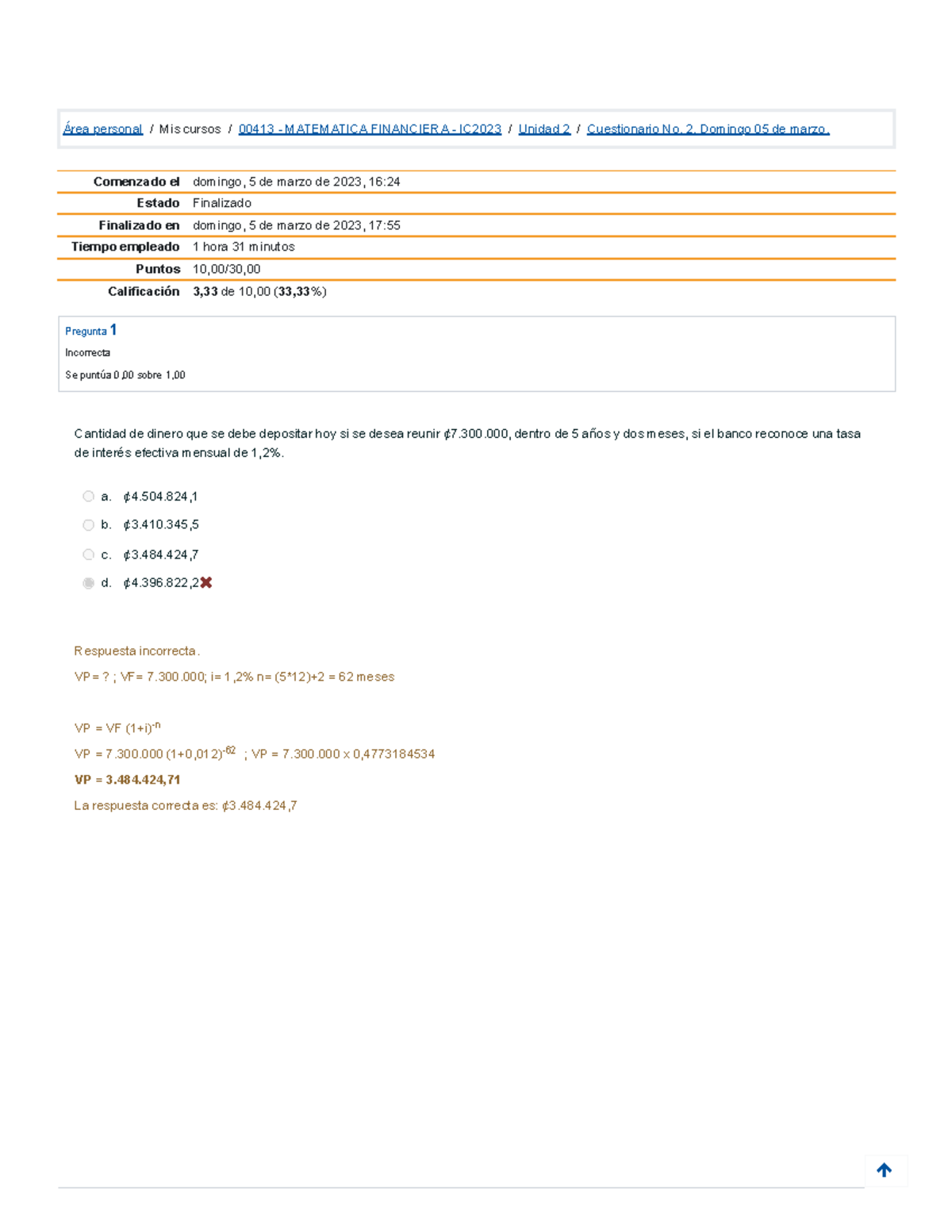 Cuestionario No. 2.Mate Financiera - Área Personal / Mis Cursos / 00413 ...