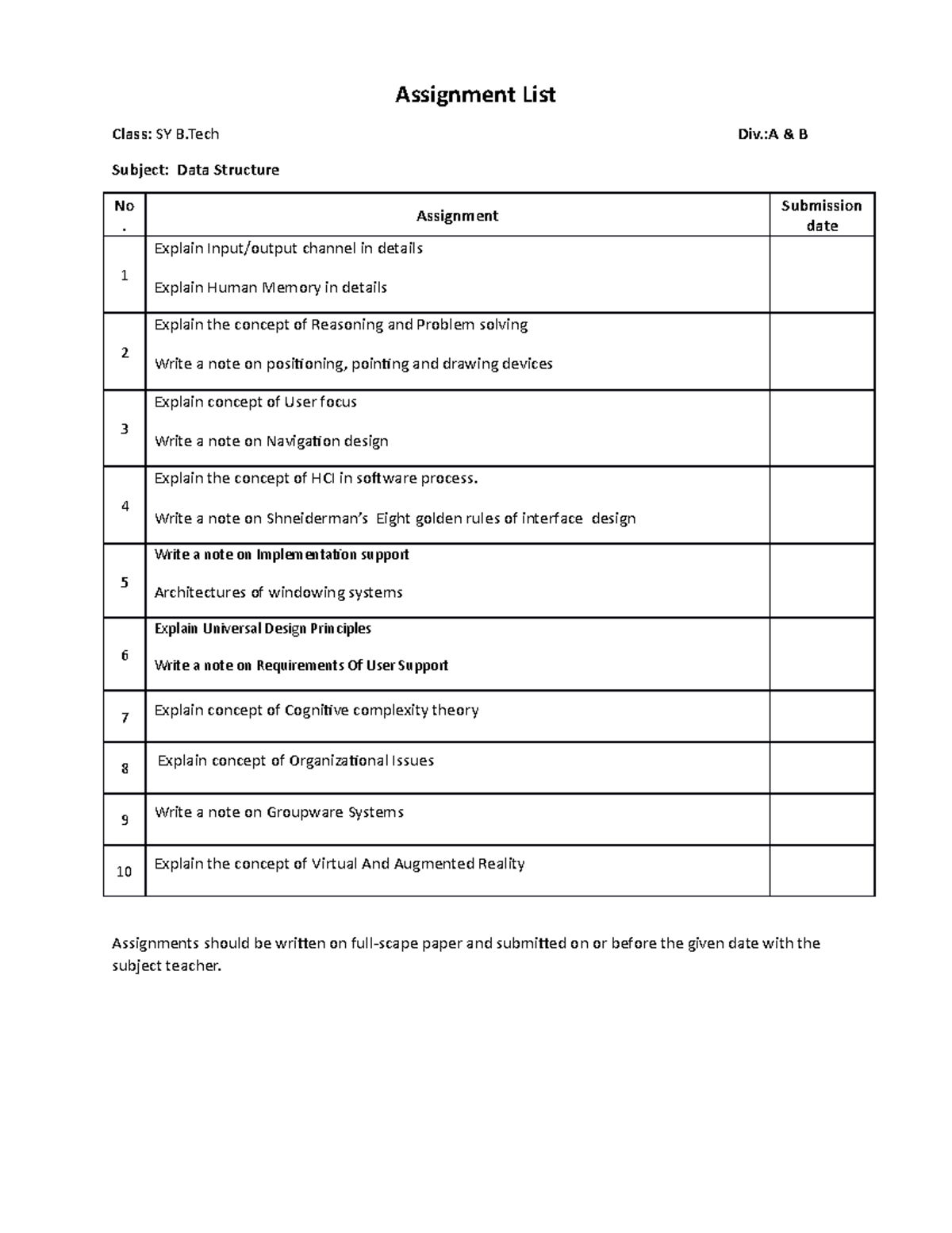 HCI Assignment List - Assignment List Class: SY B Div.:A & B Subject ...
