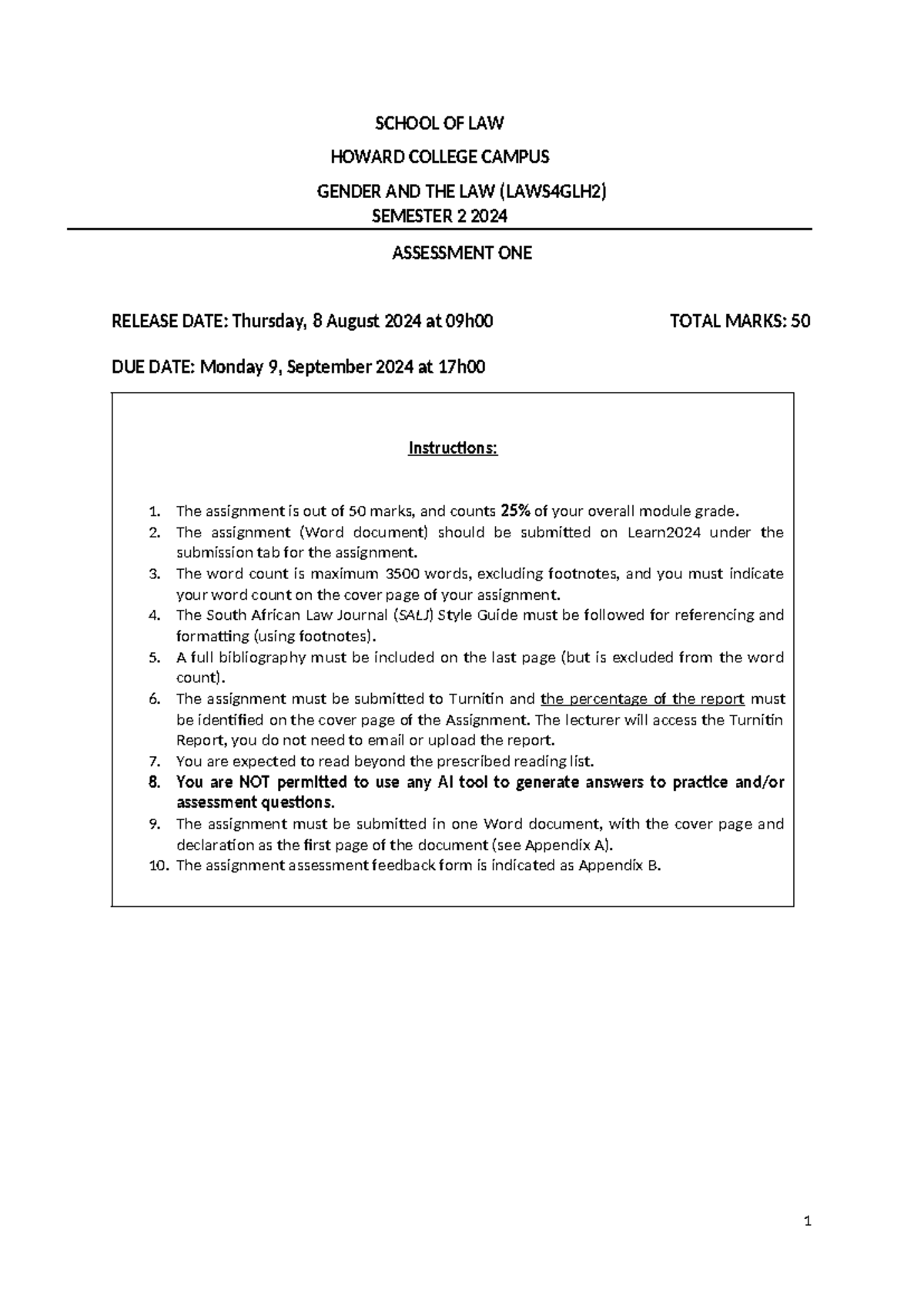 Gender and the Law Assignment One - SCHOOL OF LAW HOWARD COLLEGE CAMPUS ...
