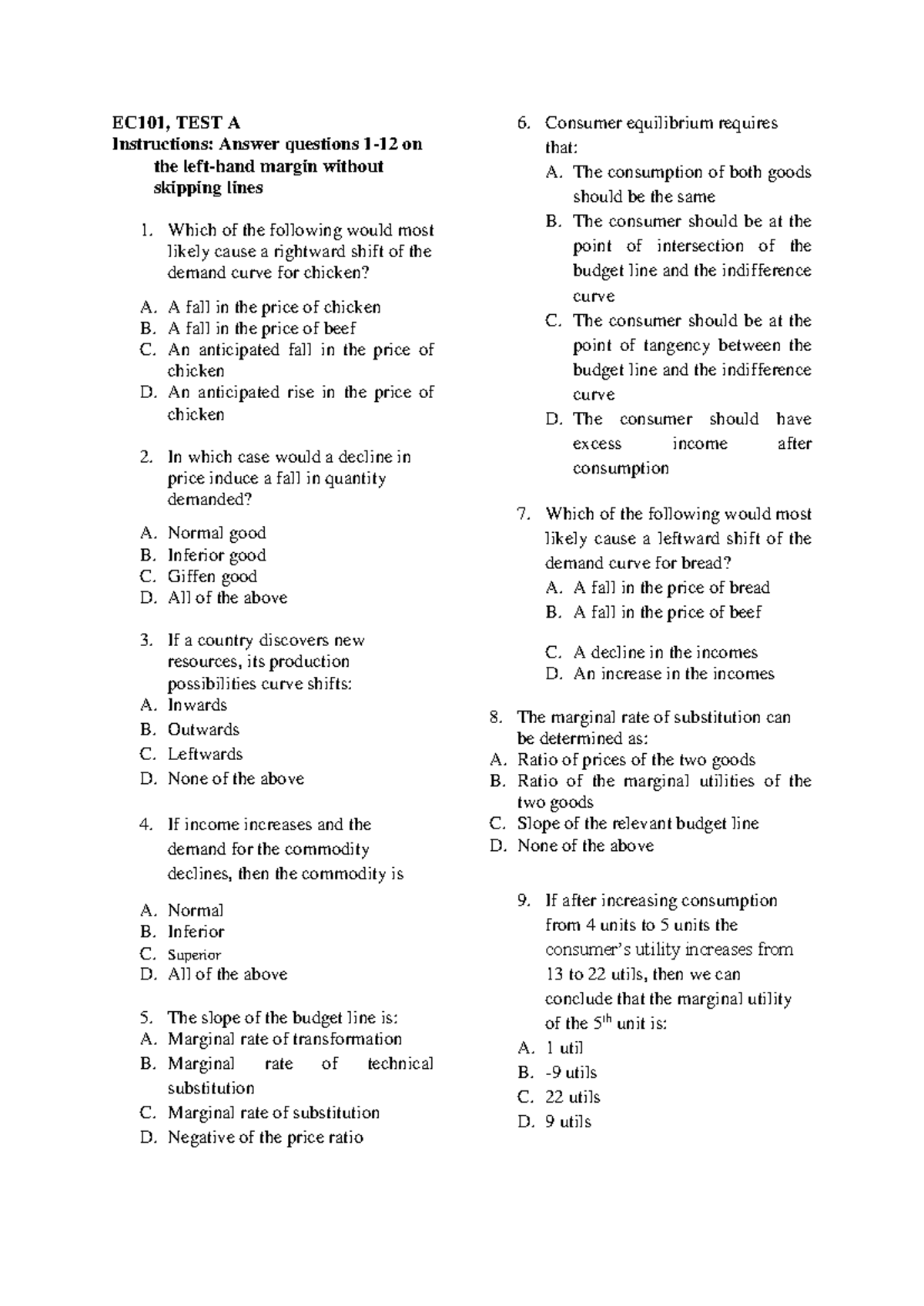 EC101 test A Hre, Sept 2018 final - EC101, TEST A Instructions: Answer ...