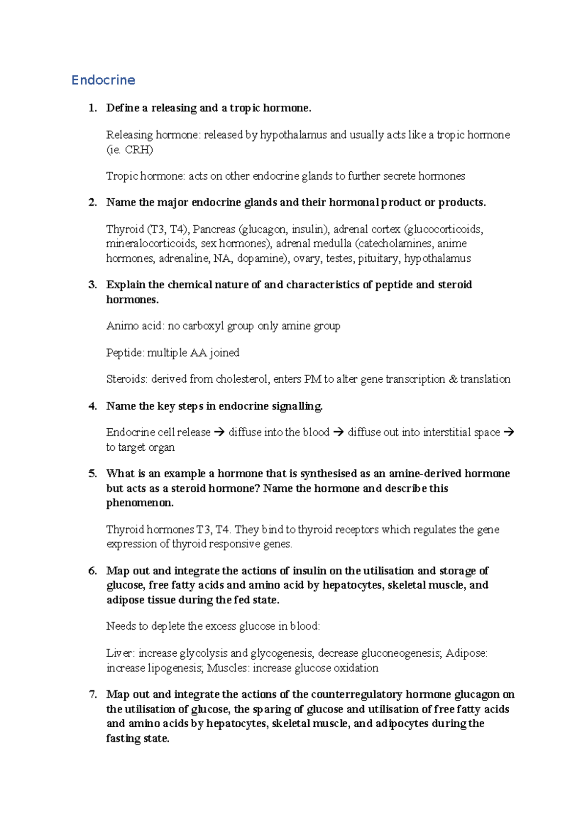 Phsi Learning Outcomes Exam Revision - Endocrine Define a releasing and ...