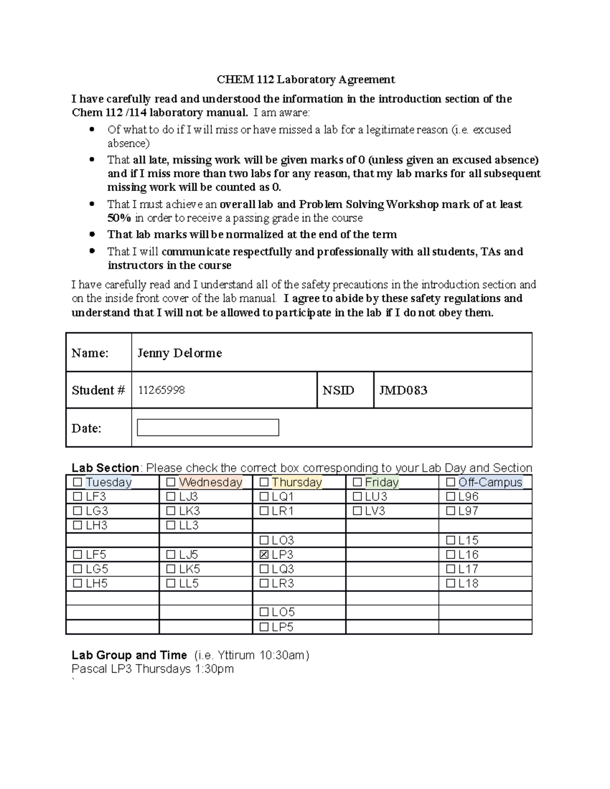 Chem112 Lab Agreement 2020 CHEM 112 Laboratory Agreement I have