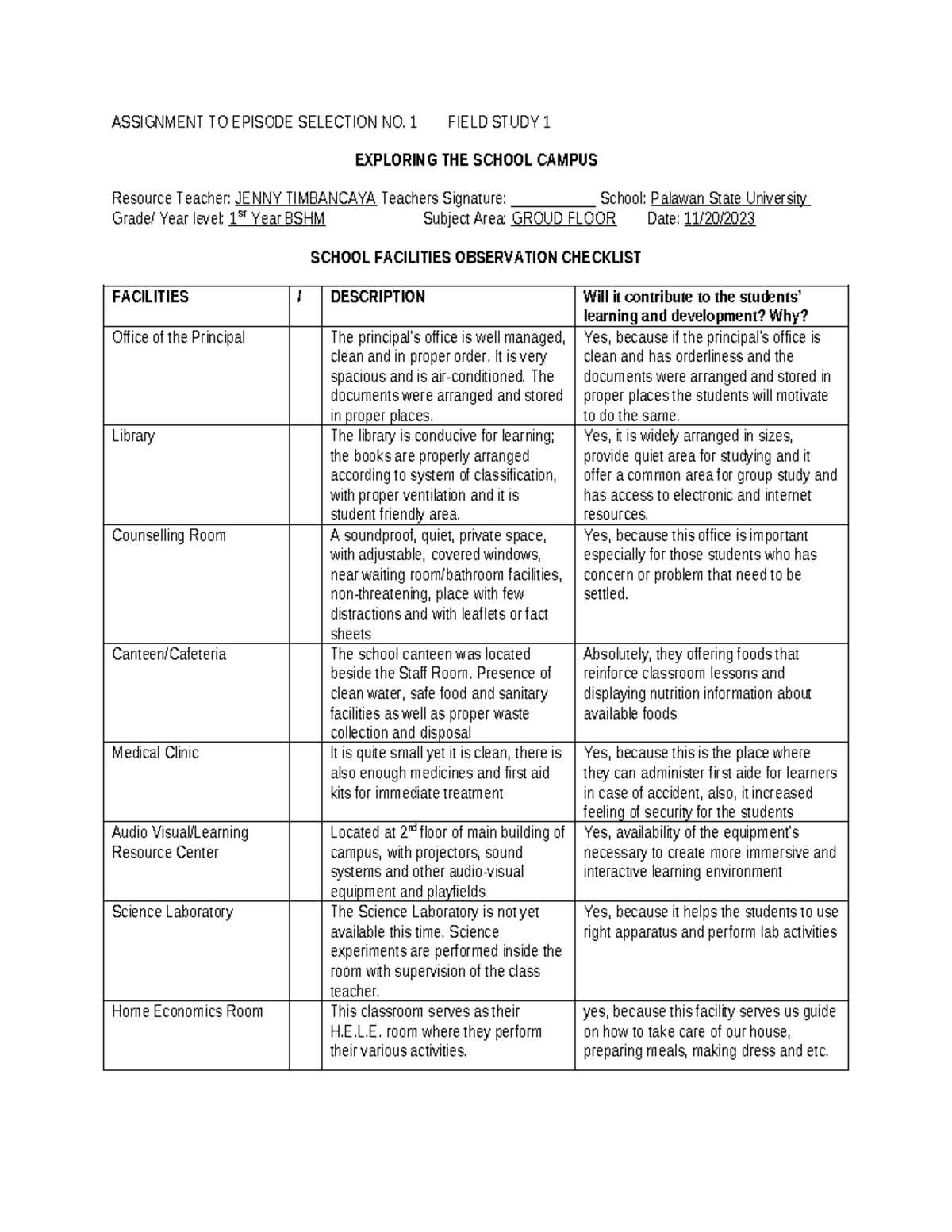 Field Study 1 - ASSIGNMENT TO EPISODE SELECTION NO. 1 FIELD STUDY 1 ...
