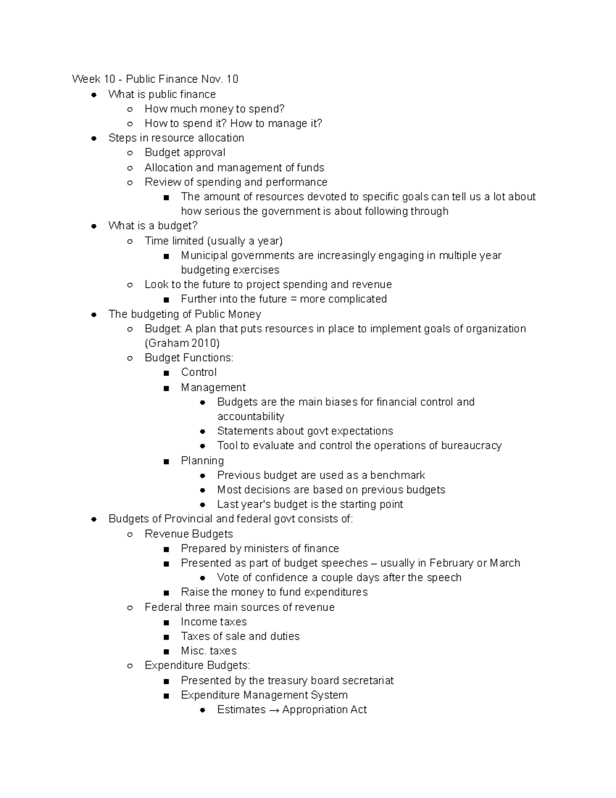 Public Finance Notes Week 10 Public Finance Nov. 10 What is public