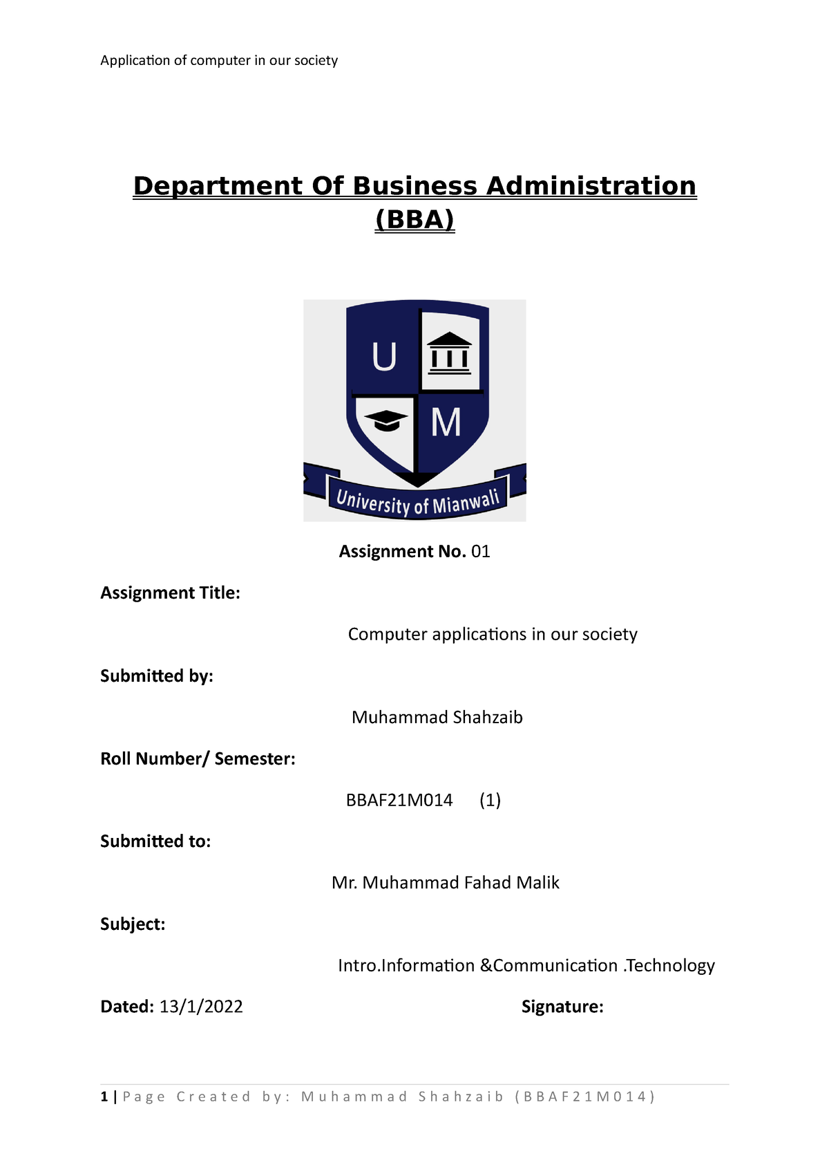 Application Of Computer In Society - Department Of Business ...