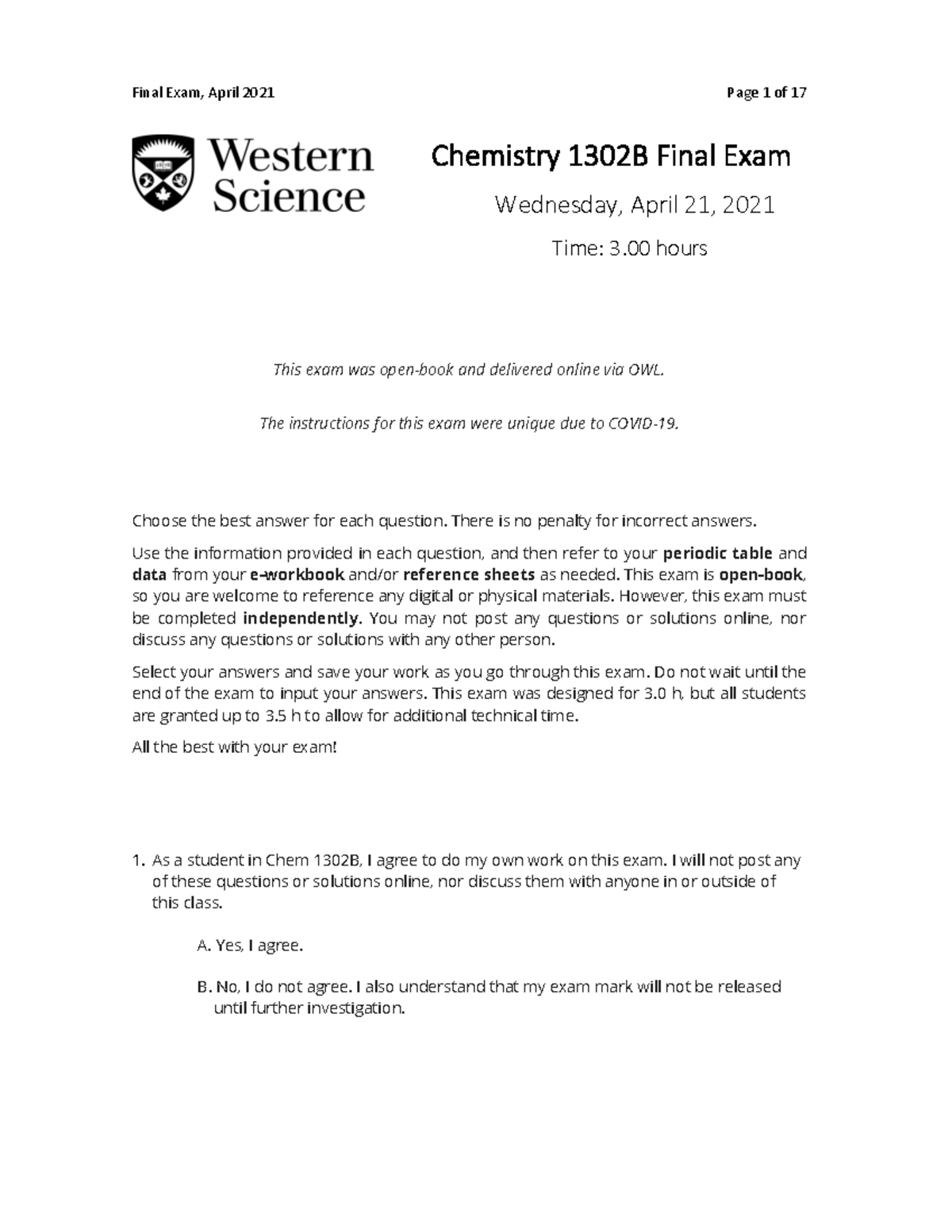 2021 Final Exam Full Solutions - Chemistry 1 302 B Final Exam Wednesday ...