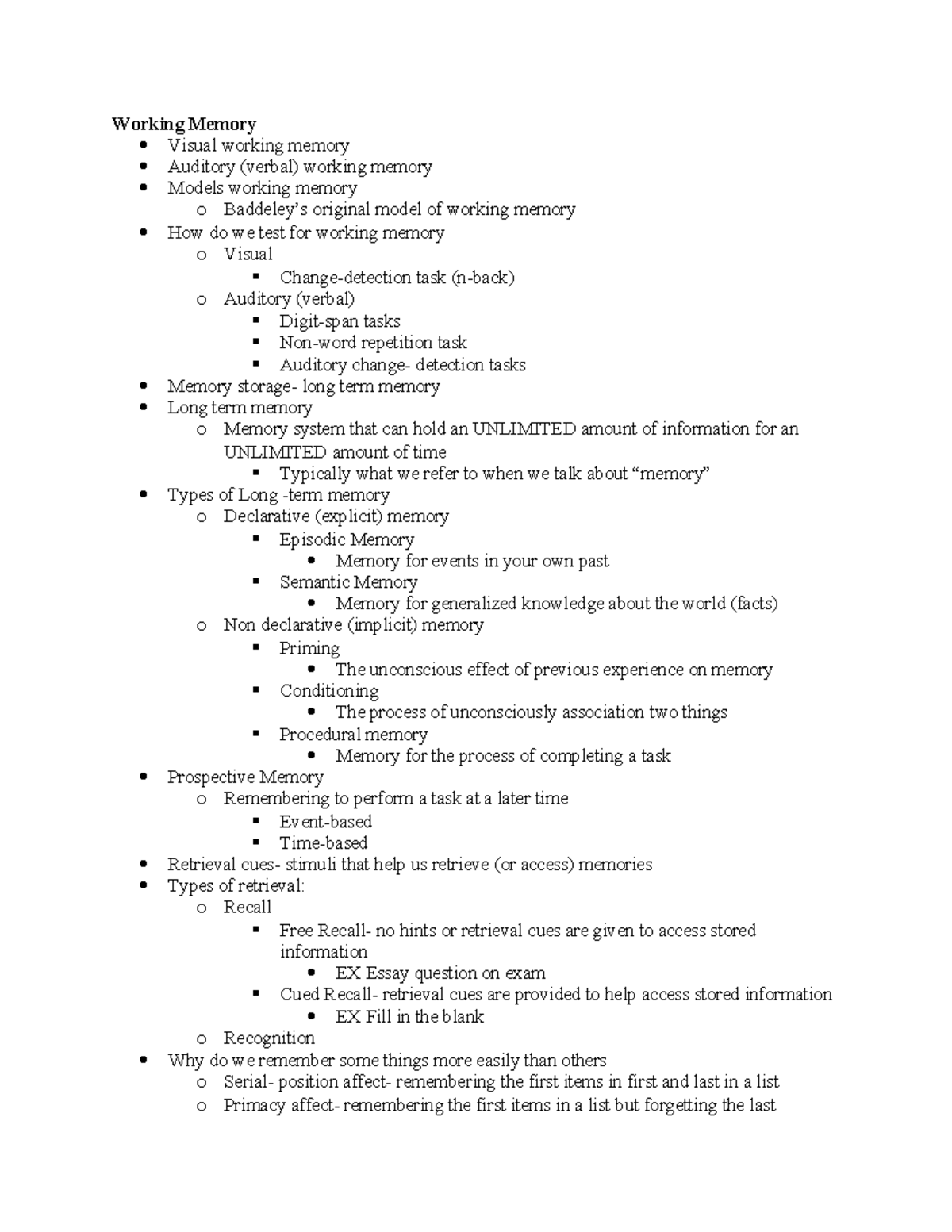 Working Memory sep 27 - lecture notes - Working Memory Visual working ...