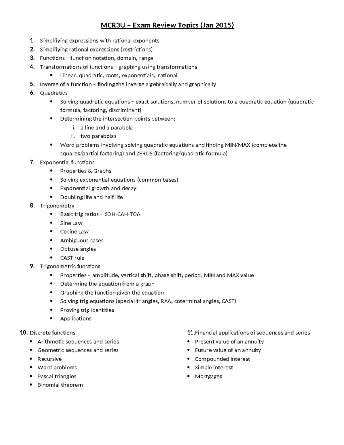 MCR3U Final Exam Topics and Textbook Review Questions 1 - MCR3U – Exam ...