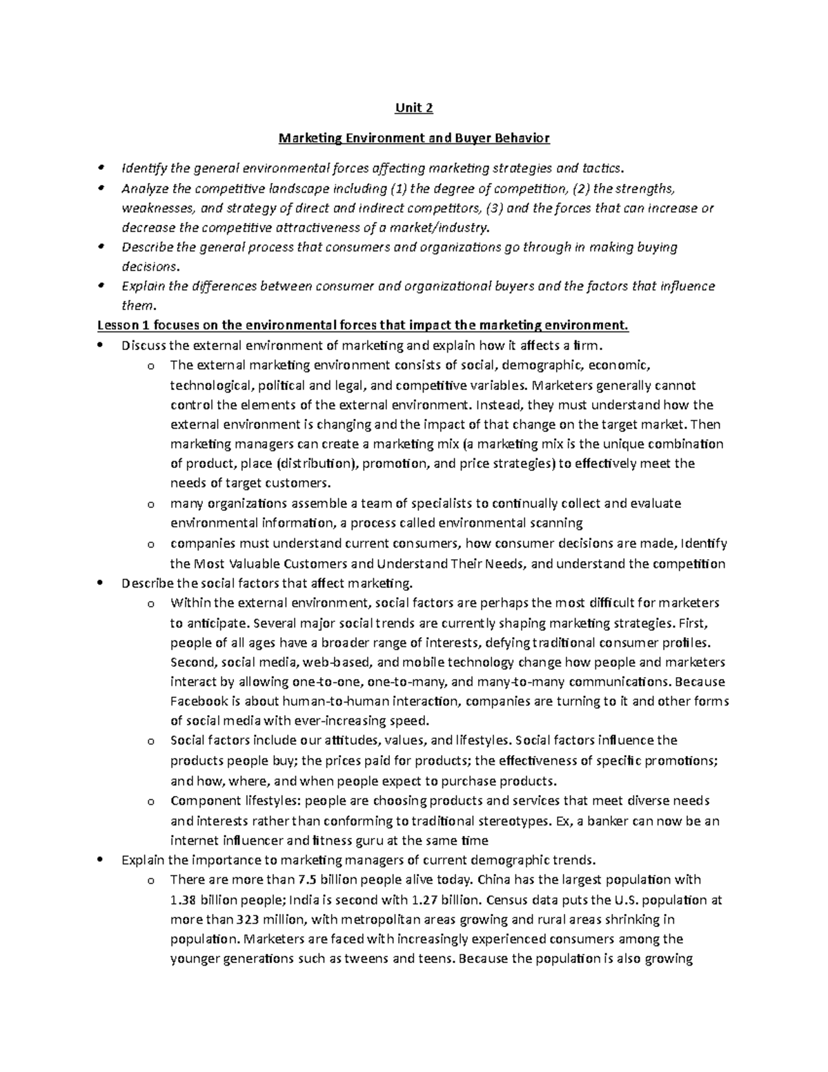 Unit 2 notes - Unit 2 Marketing Environment and Buyer Behavior Identify ...