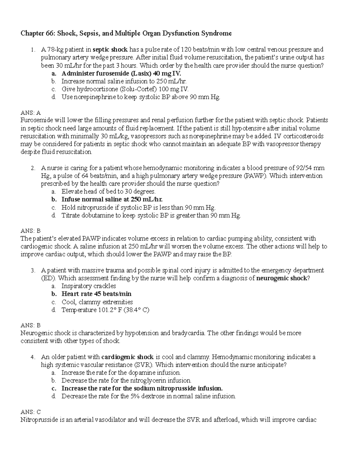 Chapter 66 Shock Sepsis MODS Questions - Chapter 66: Shock, Sepsis, And ...