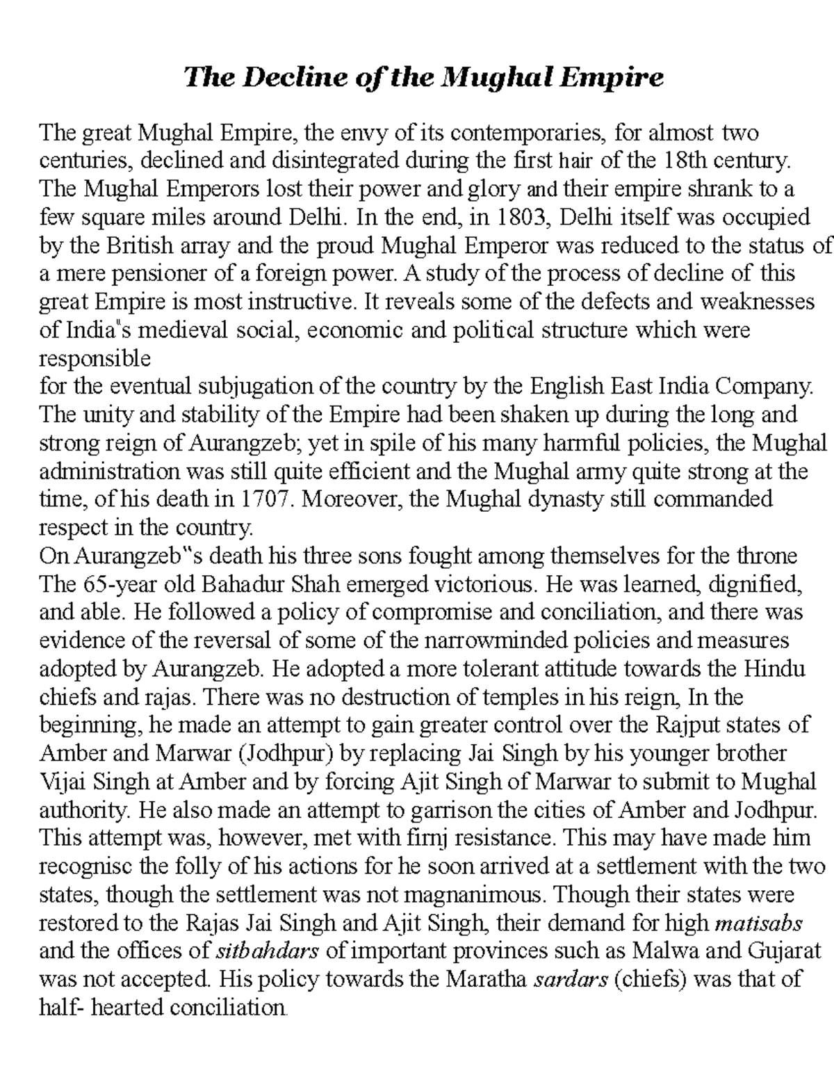 History of India 1707-1818 - The Decline of the Mughal Empire The great ...