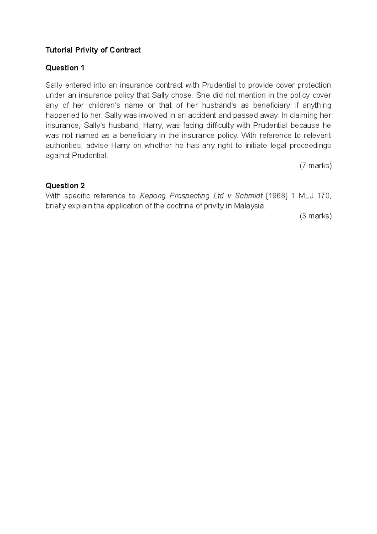 Tutorial Privity Of Contract Tutorial Privity Of Contract Question 1