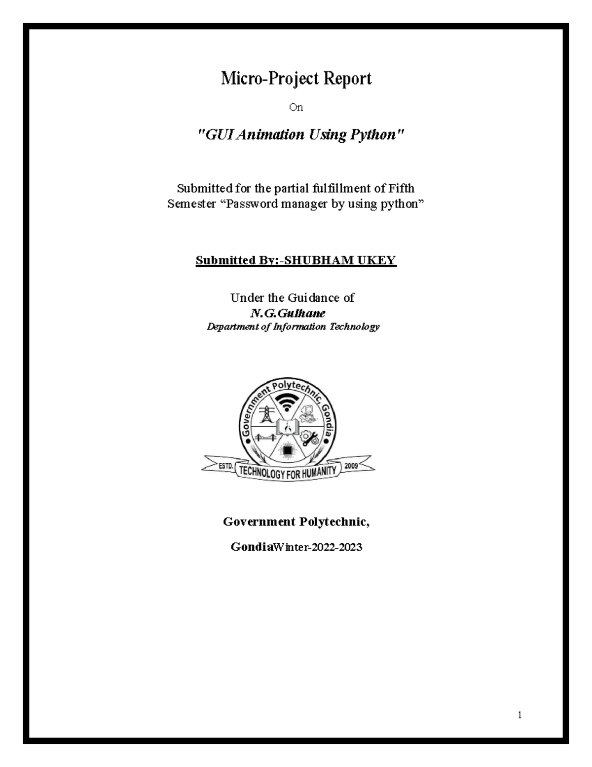 GUI animation using python - 1 Micro-Project Report On 