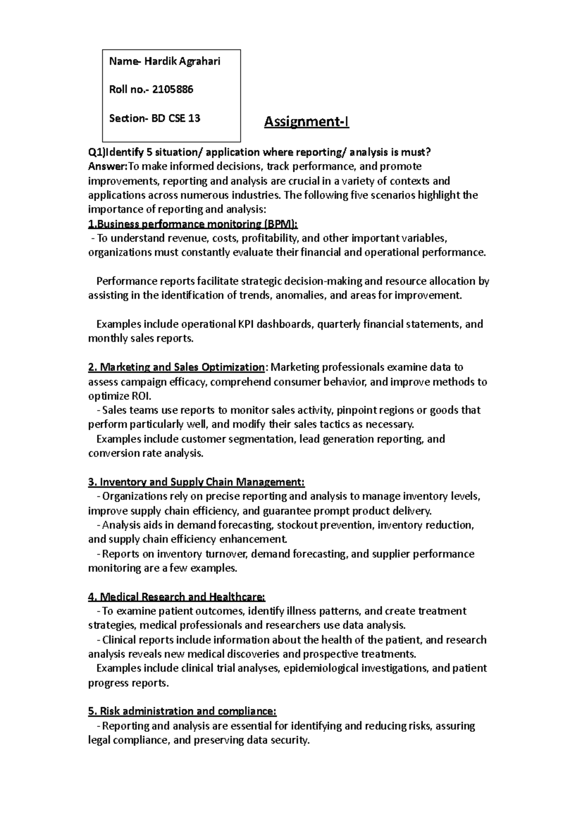 BD Assignment 1 - Assignment-I Q1)Identify 5 situation/ application ...