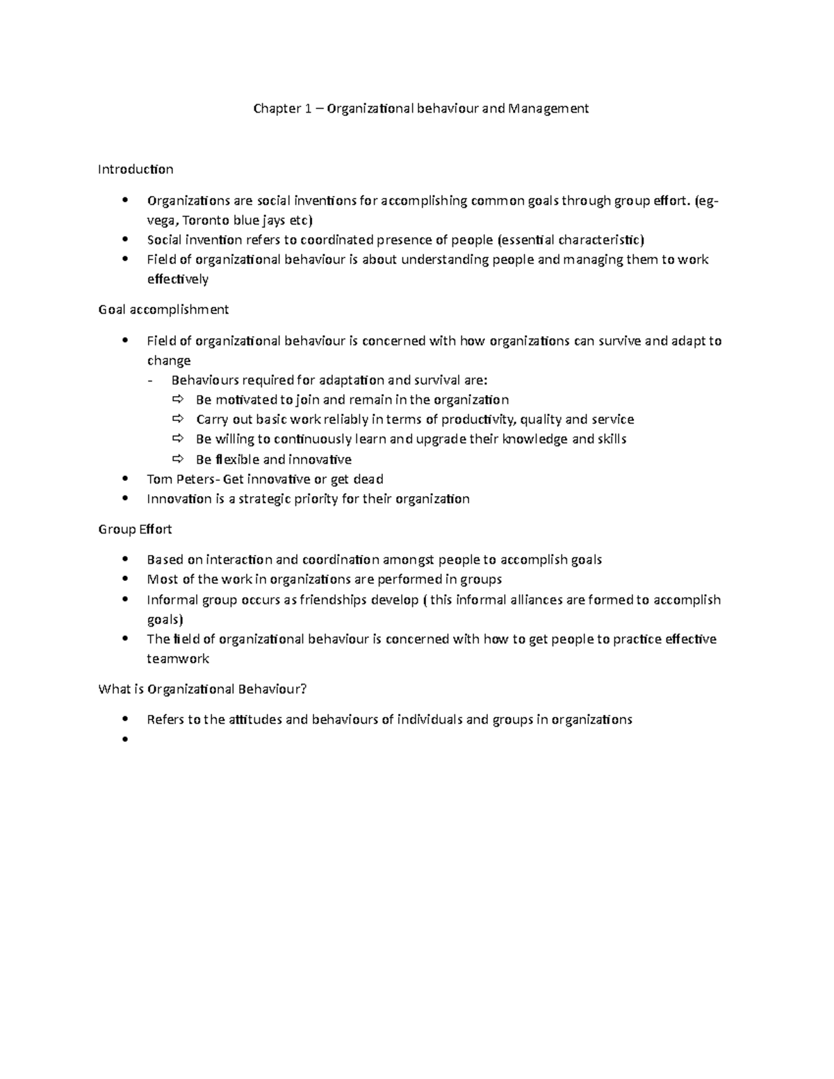 OB textbook notes - Chapter 1 – Organizational behaviour and Management ...