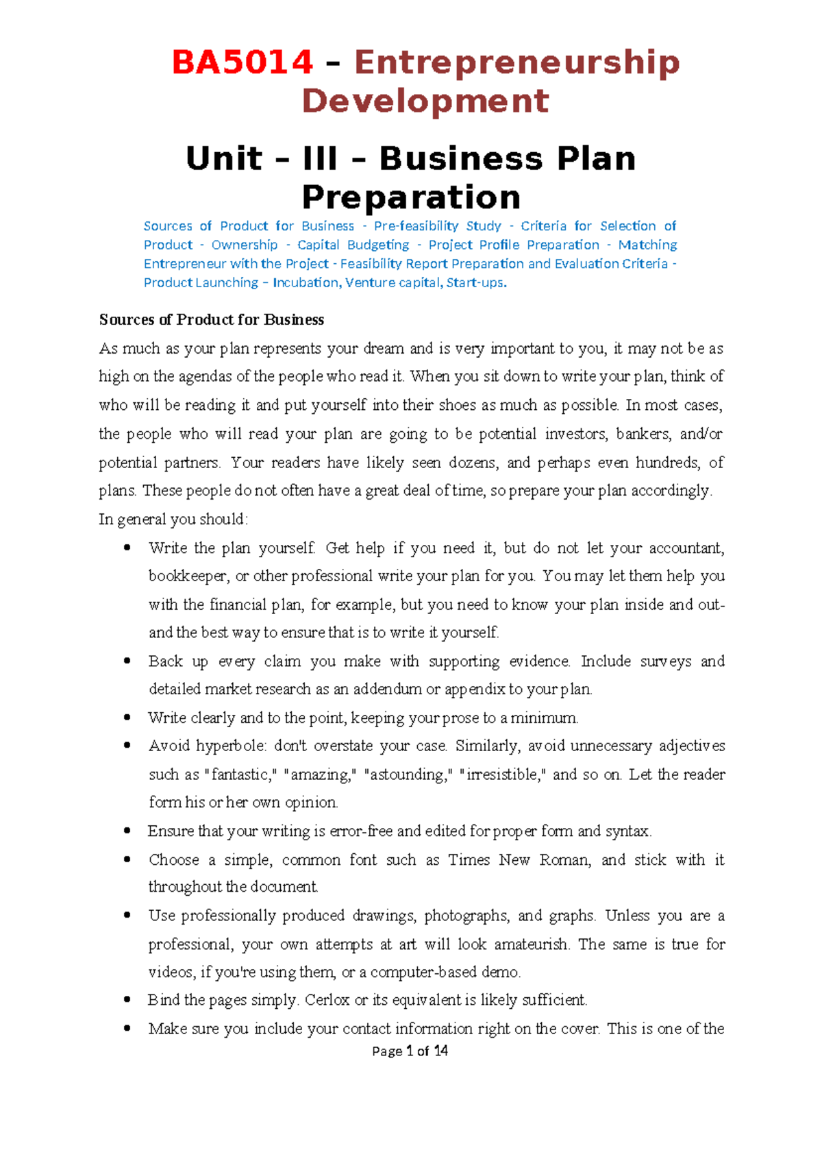 business plan preparation subject