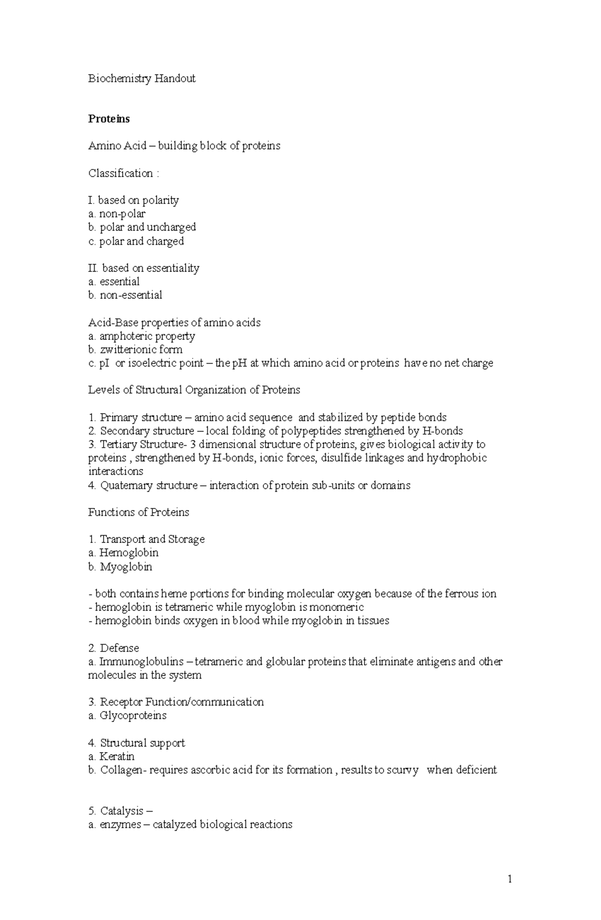 Biochemistry Handout - Biochemistry Handout Proteins Amino Acid ...