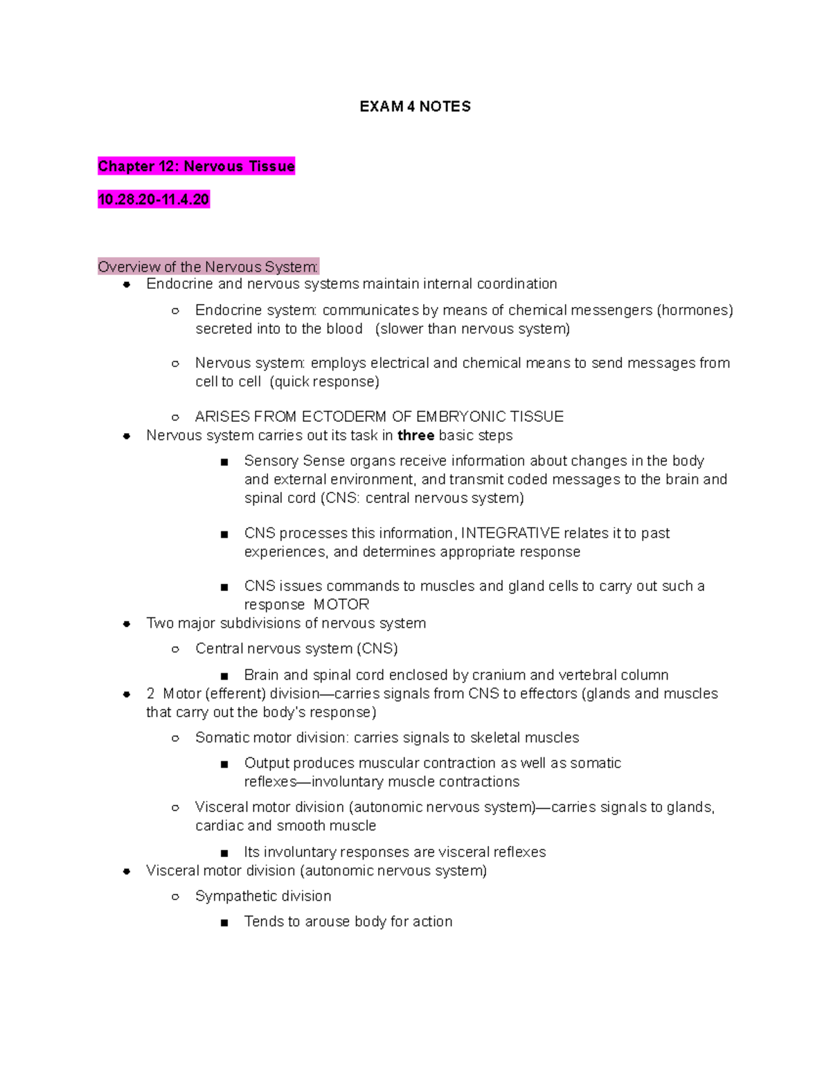 Anatomy Notes Exam 4 - Courtney Fichthorn - EXAM 4 NOTES Chapter 12 ...