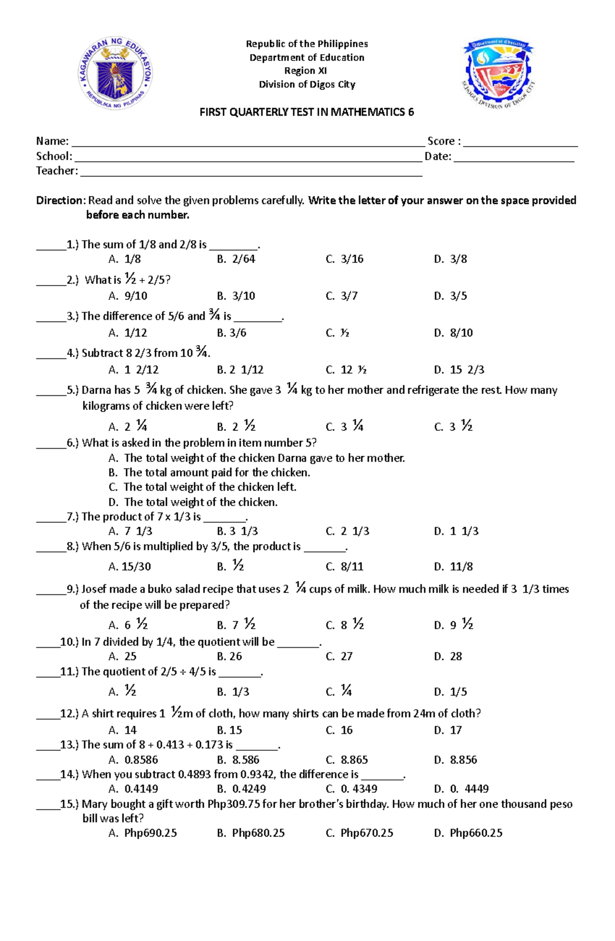 grade 6 math test with answers pdf philippines quarter 1