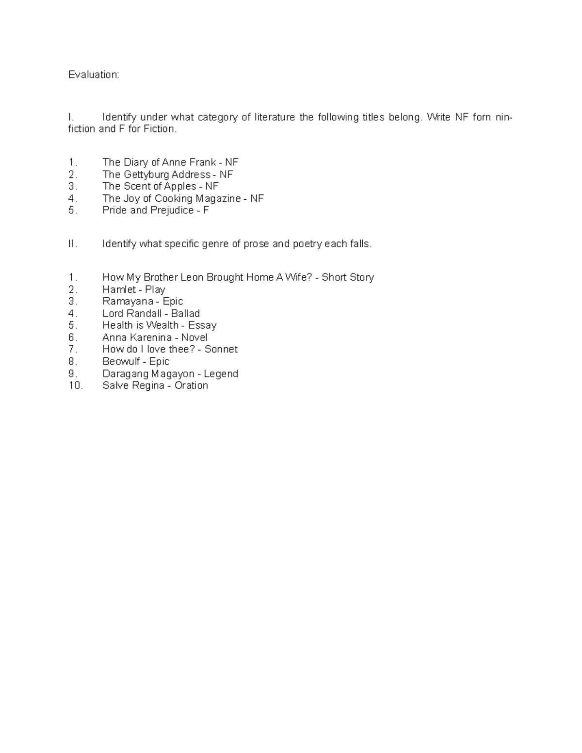 Evaluation 1 JC 21 Evaluation I. Identify under what category of