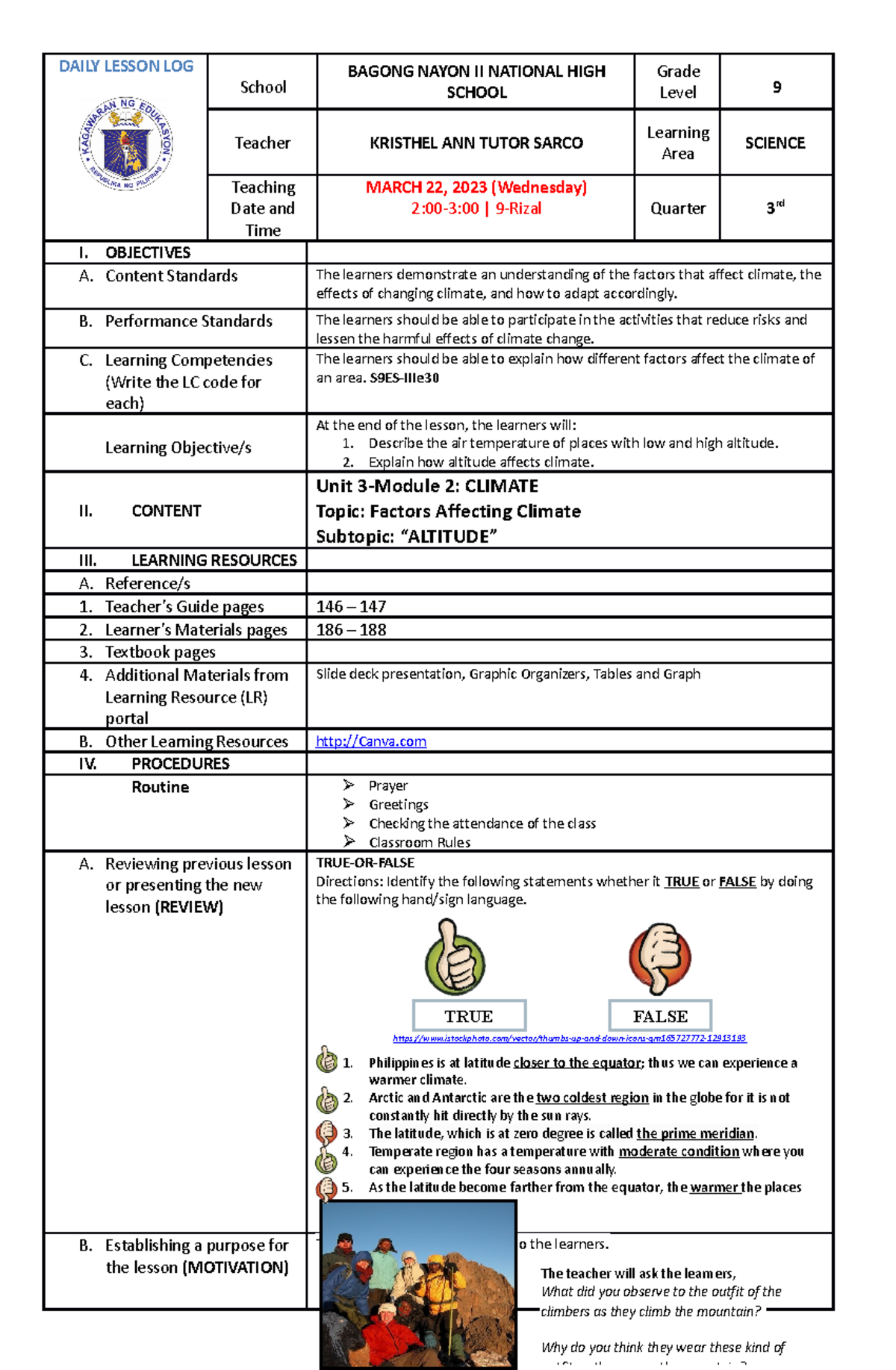 DLP-CO1- Altitude - DAILY LESSON LOG School BAGONG NAYON II NATIONAL ...