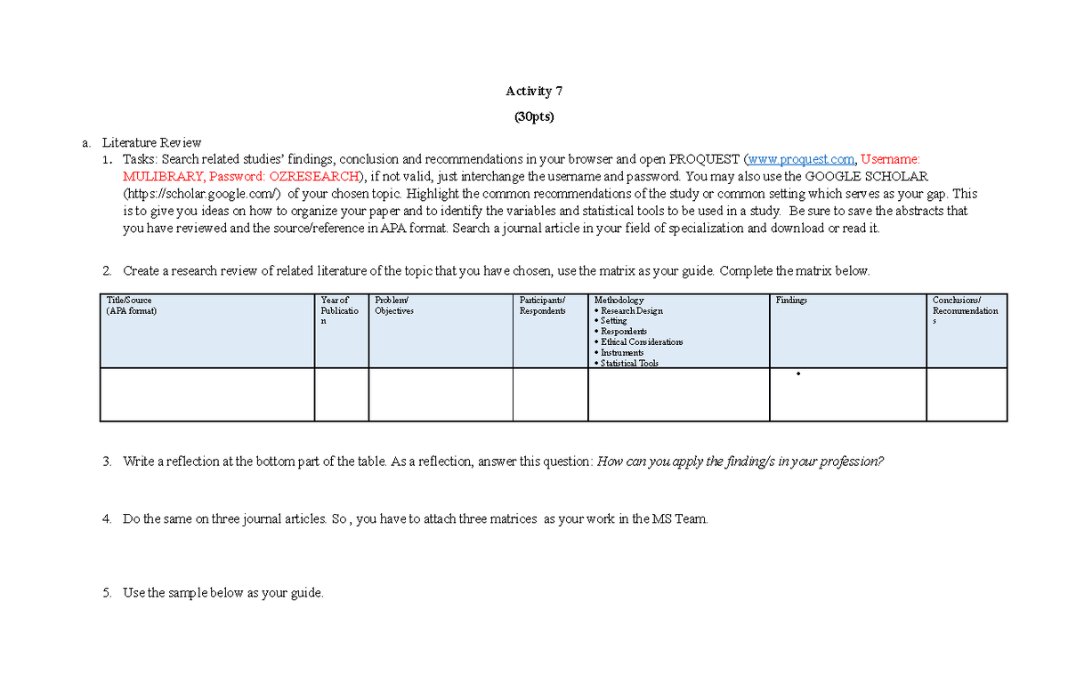 Activity 7 Literature Review Activity 7 (30pts) a. Literature Review