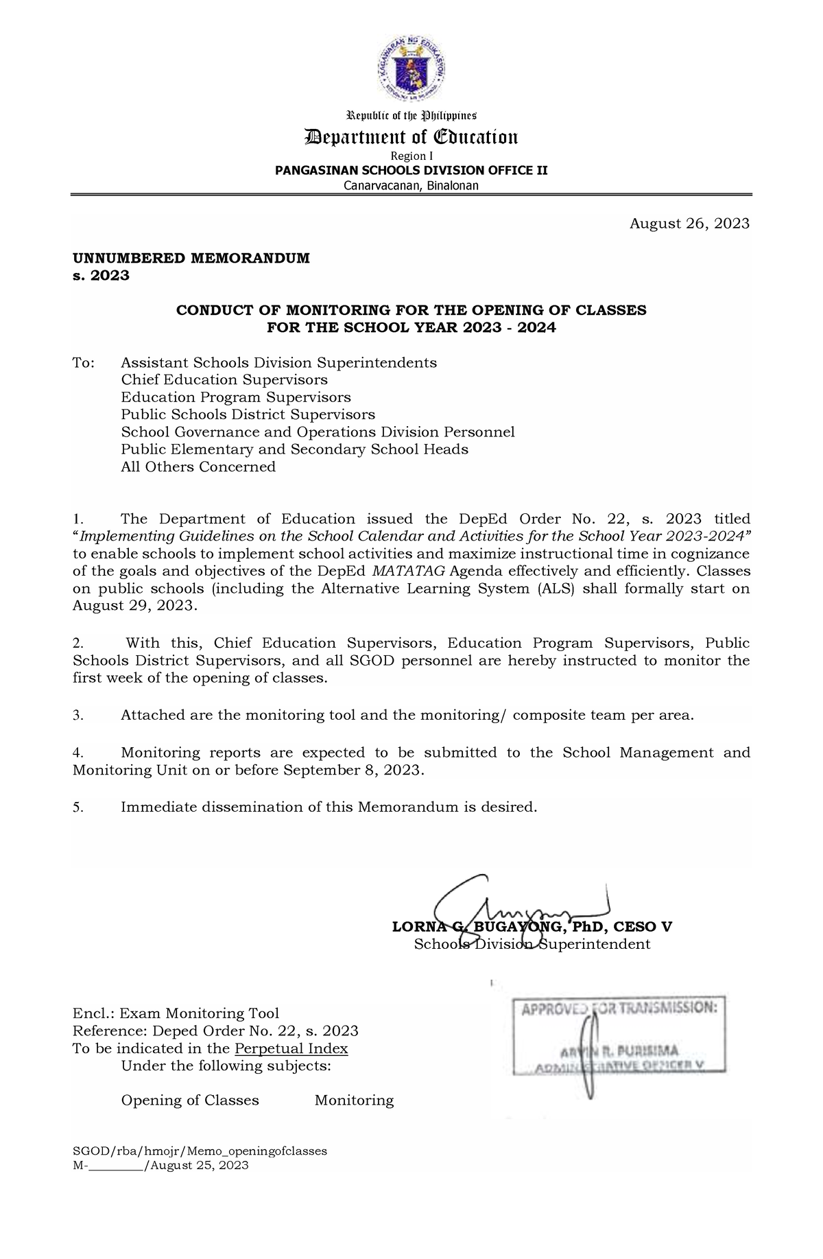 Memo opening of claases - Republic of the Philippines Department of ...